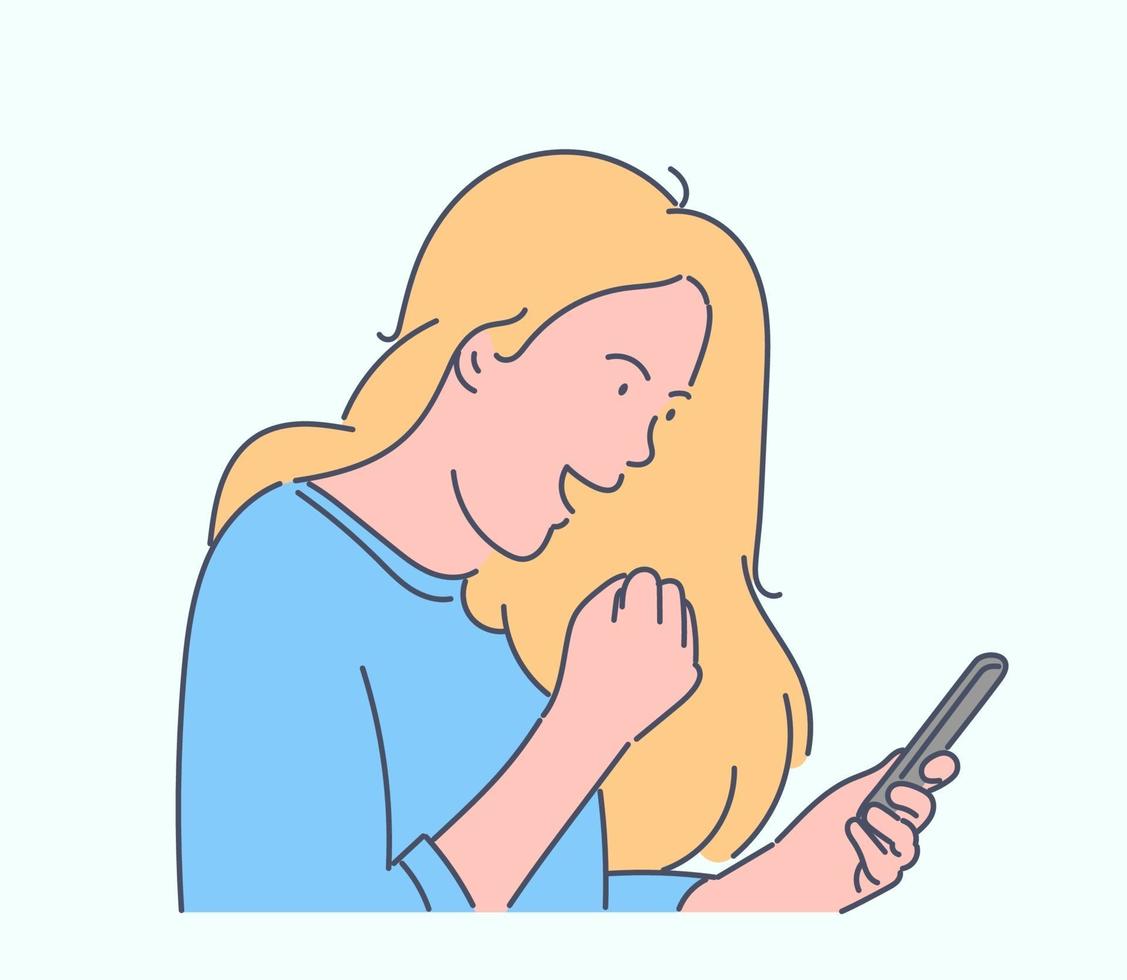 Online communication, social media or network concept. Happy woman blogger communicates in social media. Young girl is addicted to social networks. Student uses mobile phone for typing messages. vector