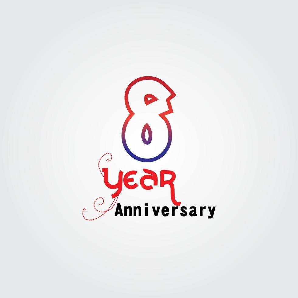 Logotipo de celebración de aniversario de 8 años. Logotipo de aniversario con color rojo y azul aislado sobre fondo gris, diseño vectorial para celebración, tarjeta de invitación y tarjeta de felicitación. vector