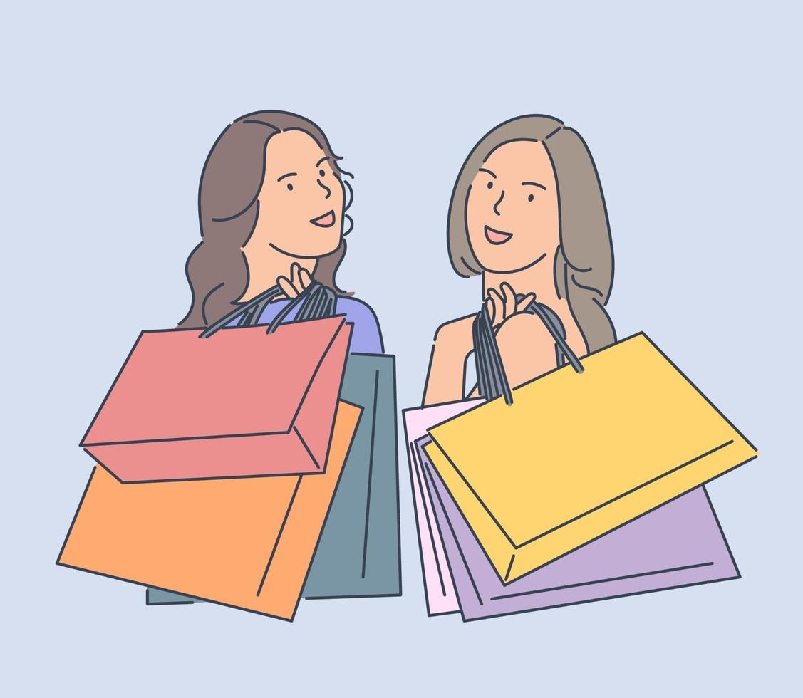 Success, shopping, purchase concept. Young happy womans or girls are carrying a shopping bags and smiling happily. Hand drawn style vector design illustrations.