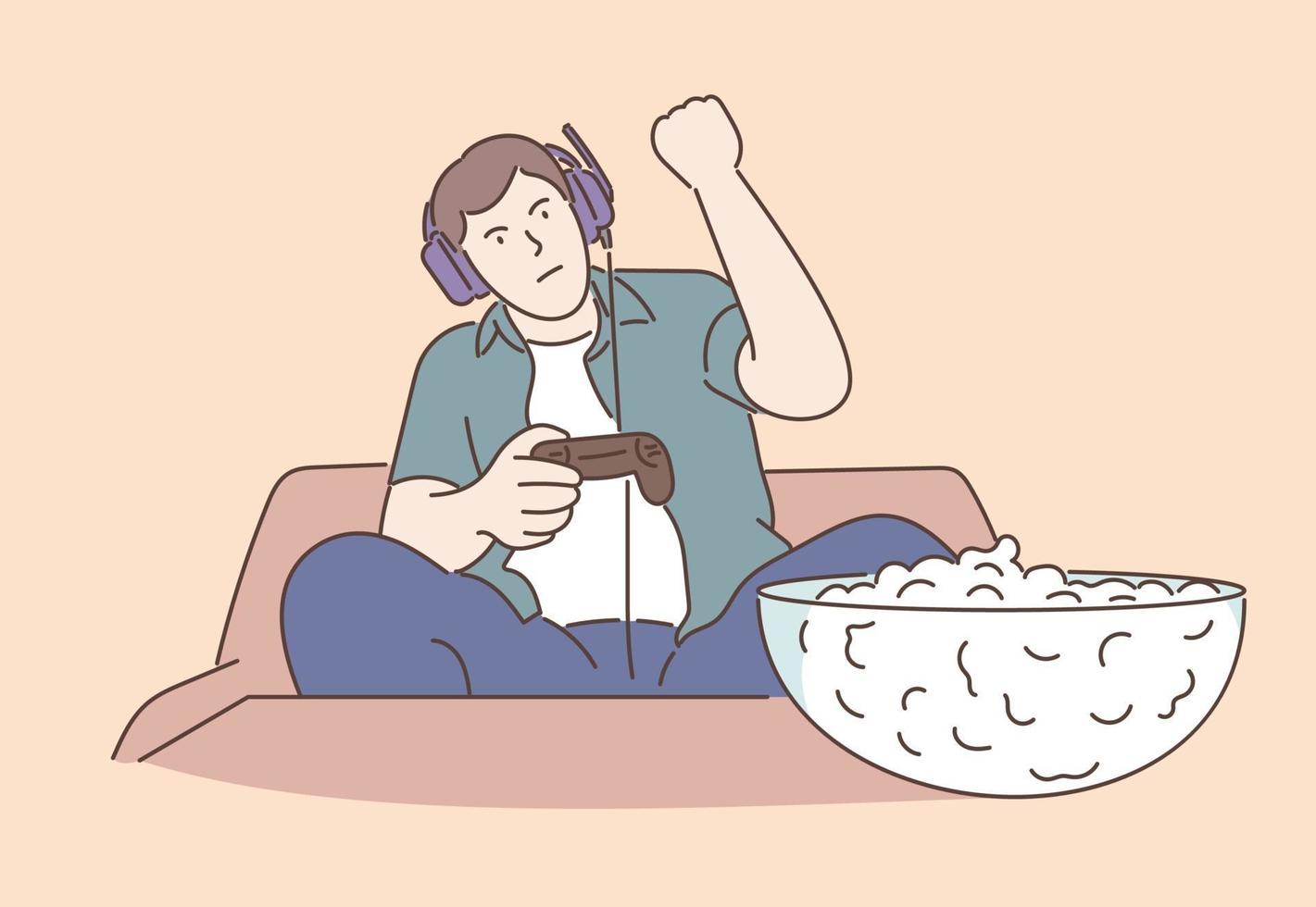 Home rest, playing games concept. Resting at home. Handsome young man playing video games. vector