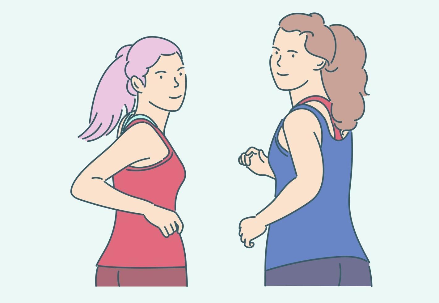 deporte, jogging, concepto de entrenamiento. Jóvenes atletas de mujeres sonrientes felices personajes de dibujos animados corriendo en el parque juntos. vector