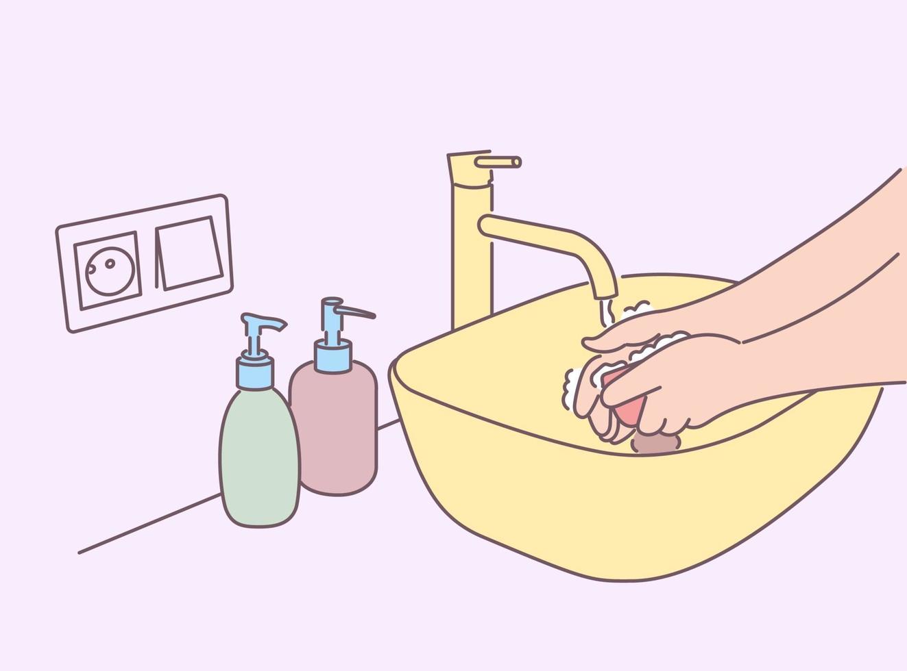 Hygiene, disinfection, cooking, coronavirus, protection concept. Woman or man washing hands with soap in sink at home on quarantine. Preventive measures from covid19 desease infection illustration. vector