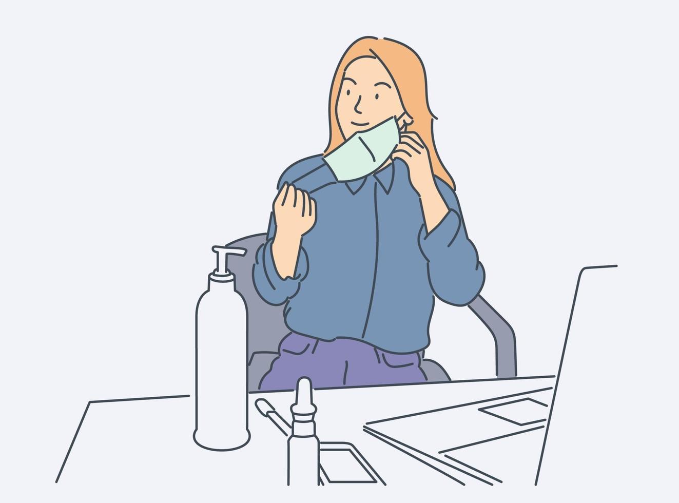 Healthcare, quarantine, protection, coronavirus infection concept. Young happy woman girl recovered from the virus. Preventive measures from Covid19 desease and 2019ncov biohazard. vector