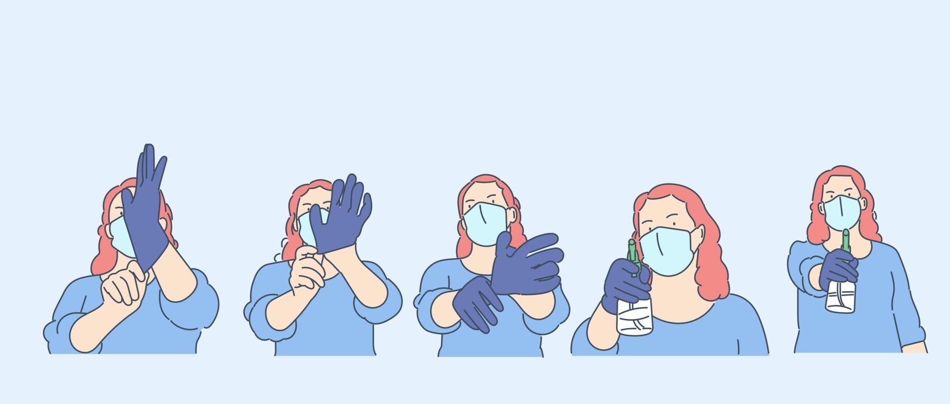 cuidado de la salud, cuarentena, protección, concepto de infección por coronavirus. chica joven con mascarilla médica se pone guantes y antiséptico vertido. vector