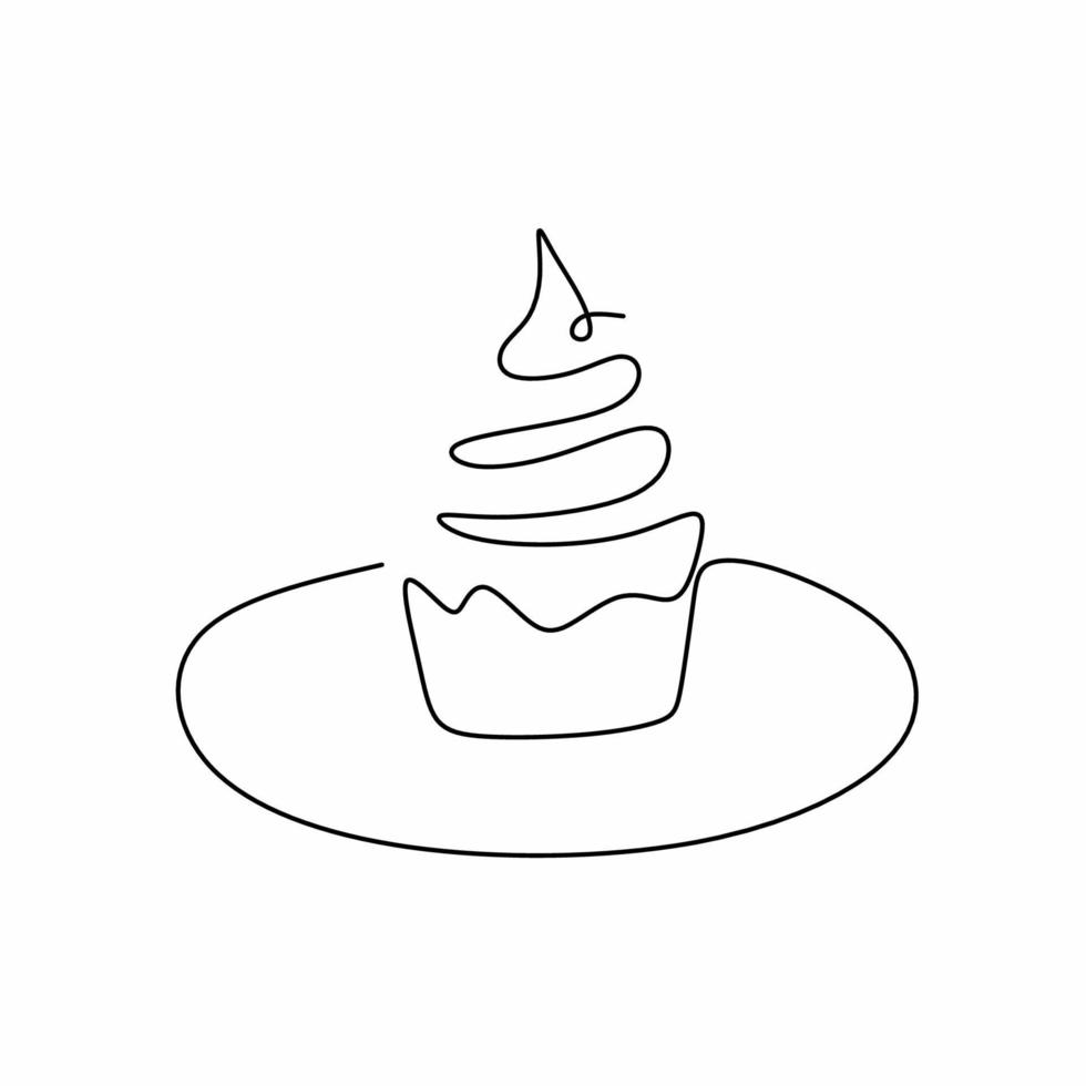 Continuous line drawing of birthday cake on plate. Sweet muffin cake hand-drawn line art minimalism design isolated on white background. Delicious pastry shop menu and restaurant badge concept vector