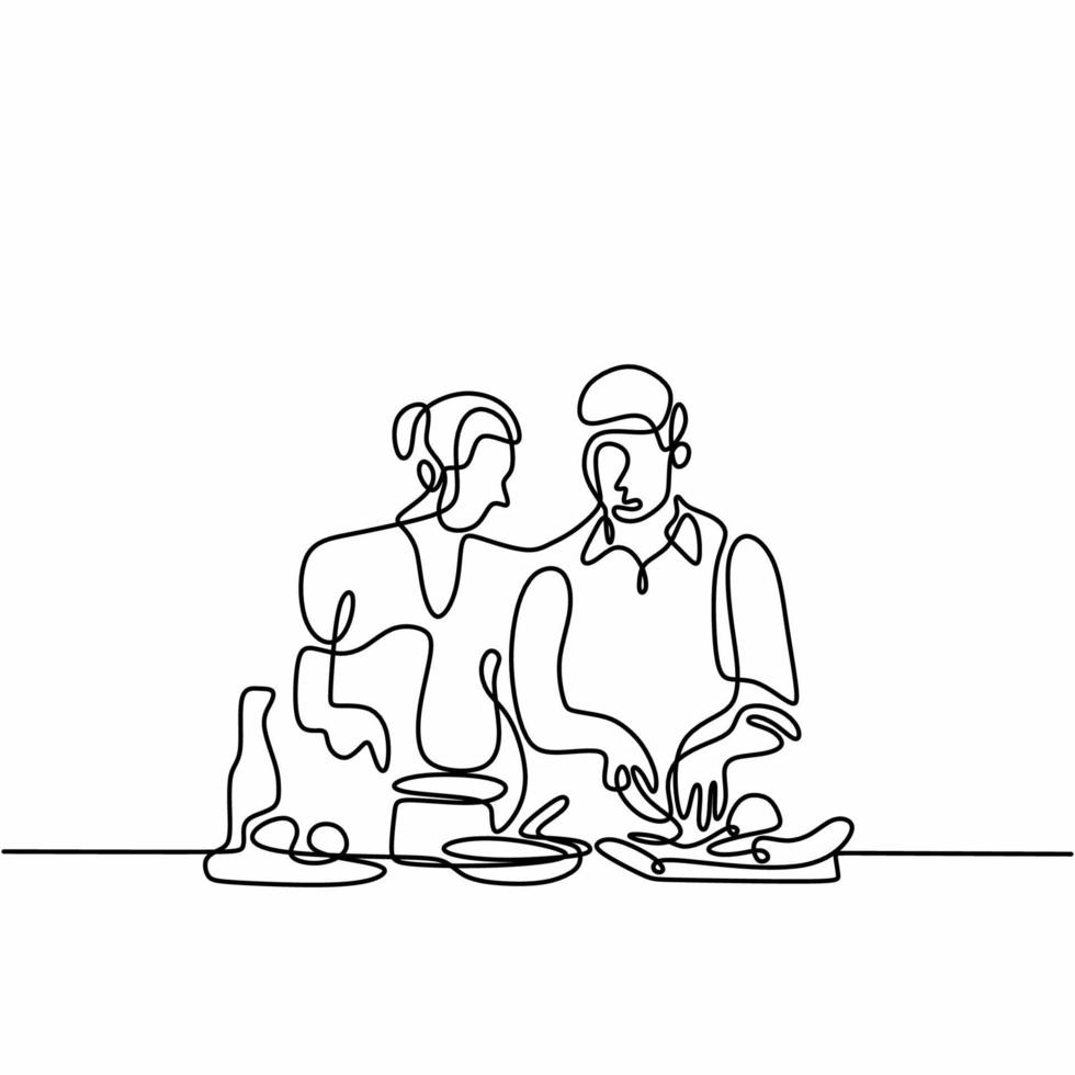 Continuous one line drawing man and woman cooking together. Young male and female prepares food in the kitchen, activity during family and leisure time. Enjoy with hobby. Vector illustration