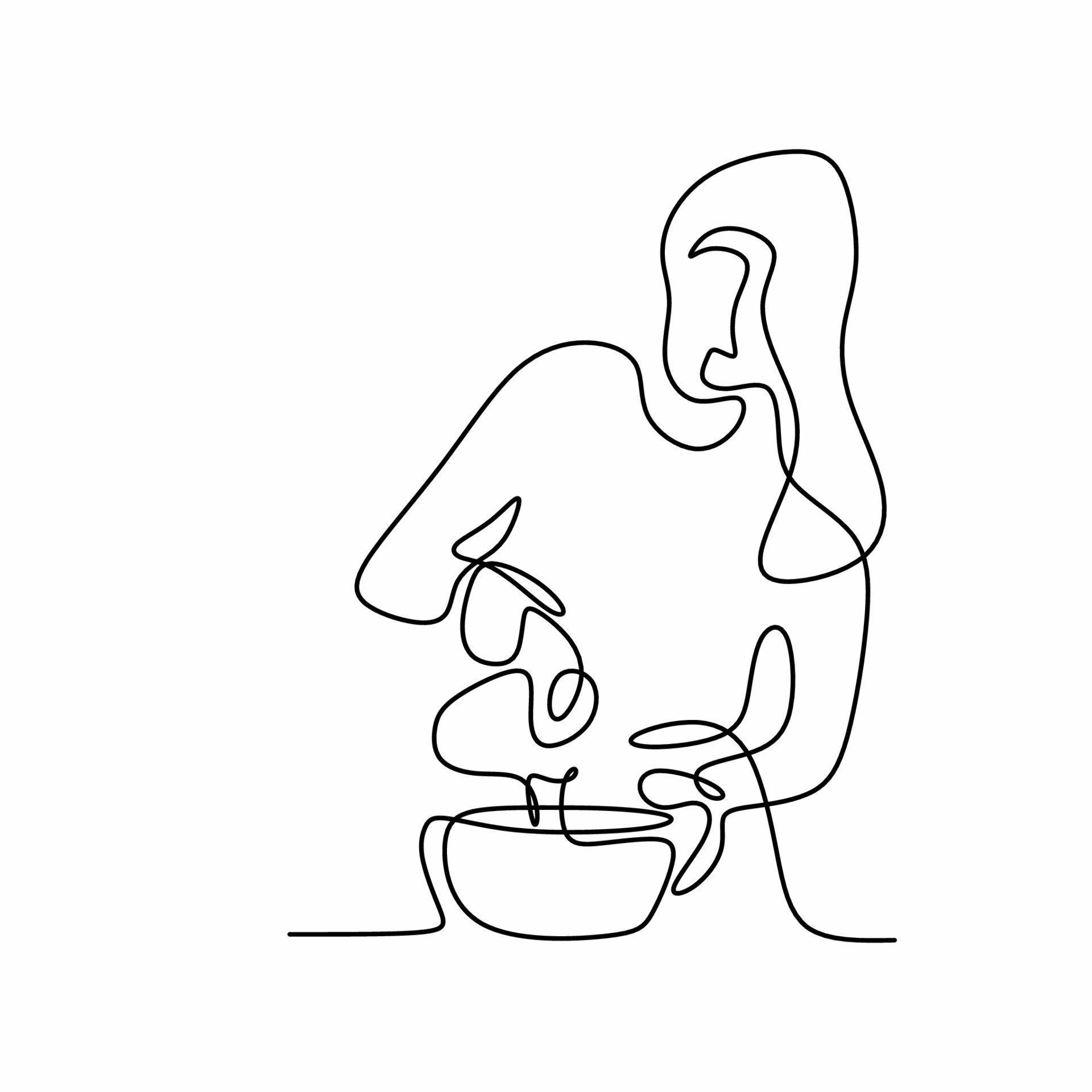 Woman baking cooking. One single line drawing of young mother use mixer