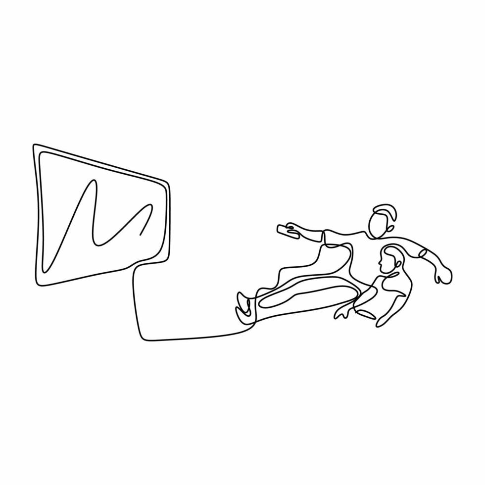 un dibujo de línea continua de papá e hijo viendo la televisión en casa. feliz padre e hijo sentados en el sofá y viendo a su club favorito jugar el partido en la televisión. concepto de tiempo en familia vector