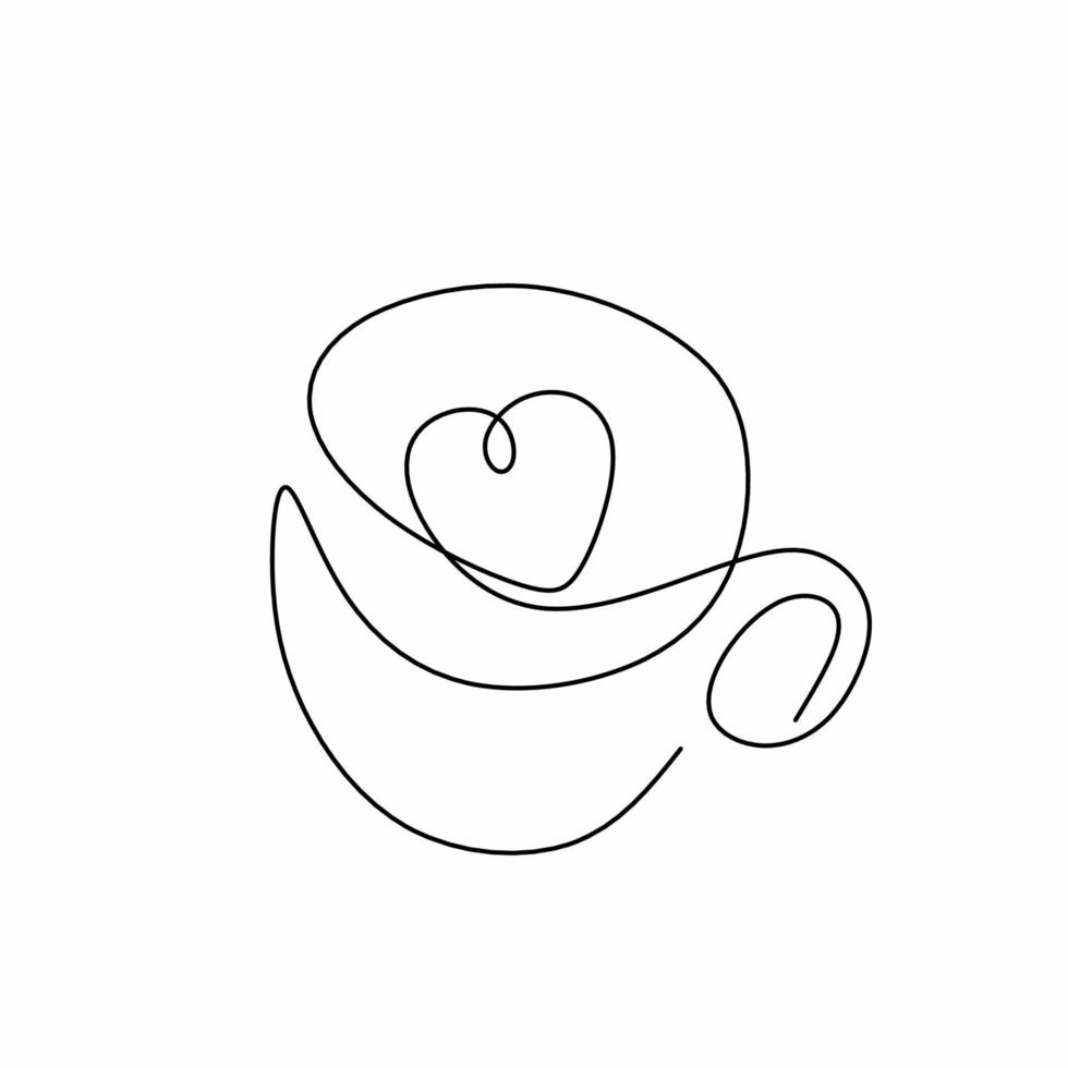 dibujo de arte de una línea continua de café, cálido. una taza de café con signo de amor aislado sobre fondo blanco. concepto de tienda de taza de cafés. adicto al café. diseño minimalista. ilustración vectorial vector