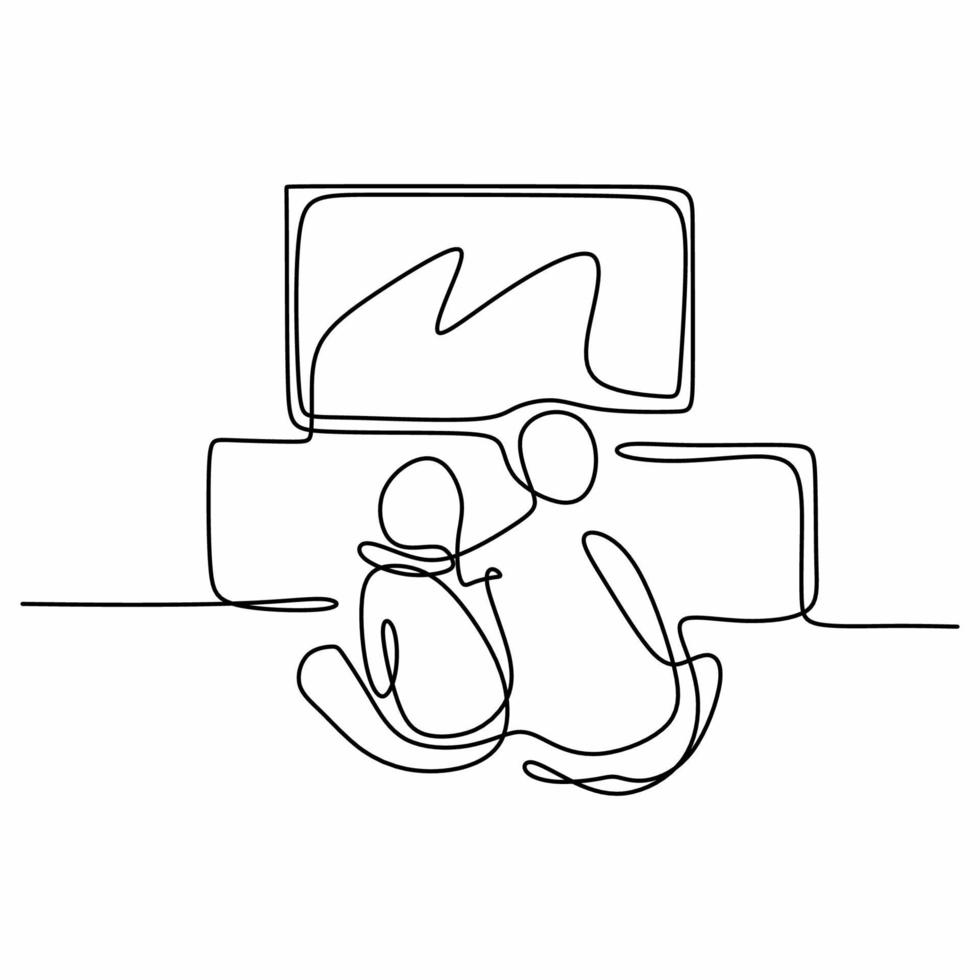 One continuous line drawing of dad and son watching tv at home. Happy father and son siting on the ground and watching their favorite club playing the match on the television. Family time concept vector
