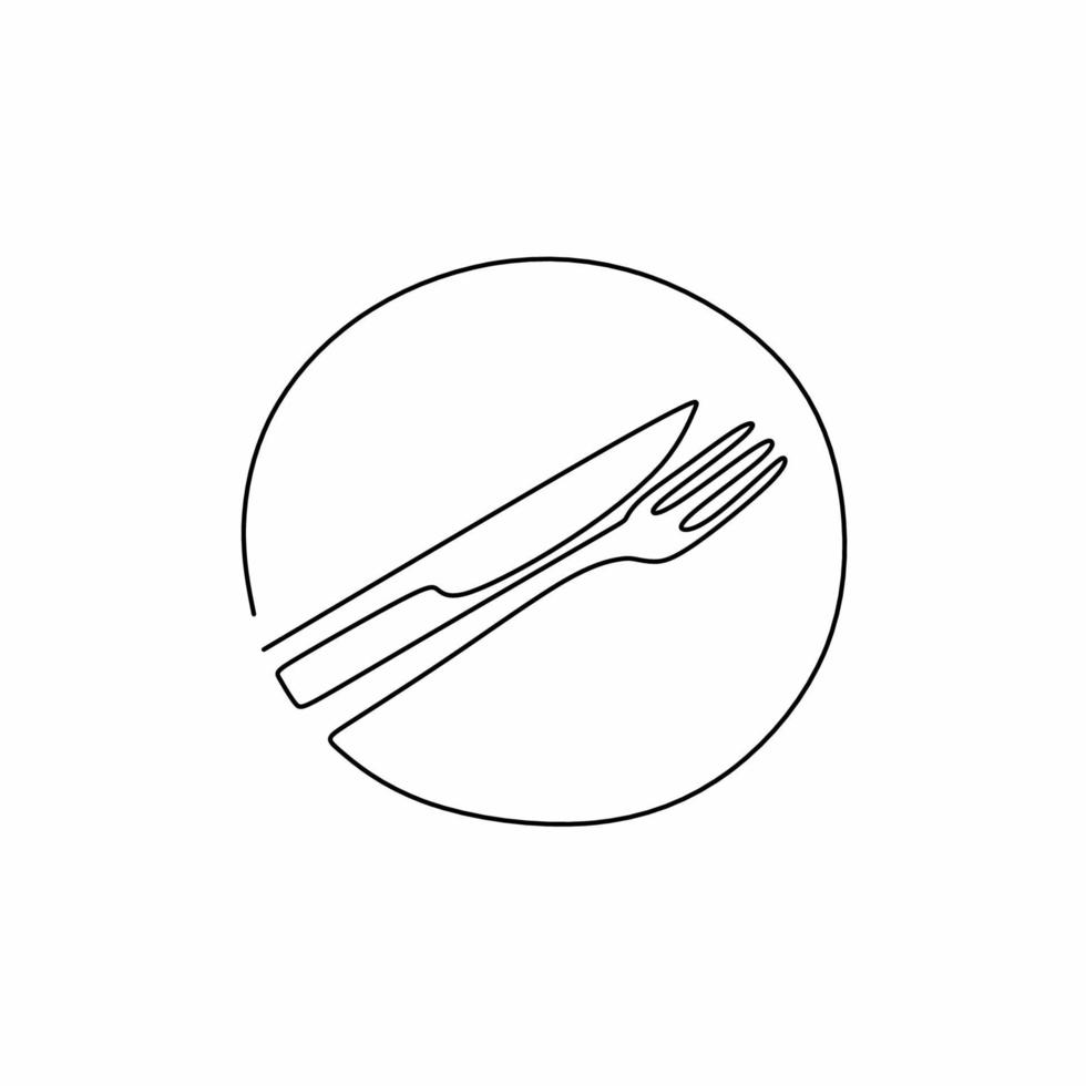One continuous line plate, knife and fork. Decoration for cafe or kitchen, restaurant or menu linear style and hand drawn isolated on white background. Cutlery concept. Vector minimalist style