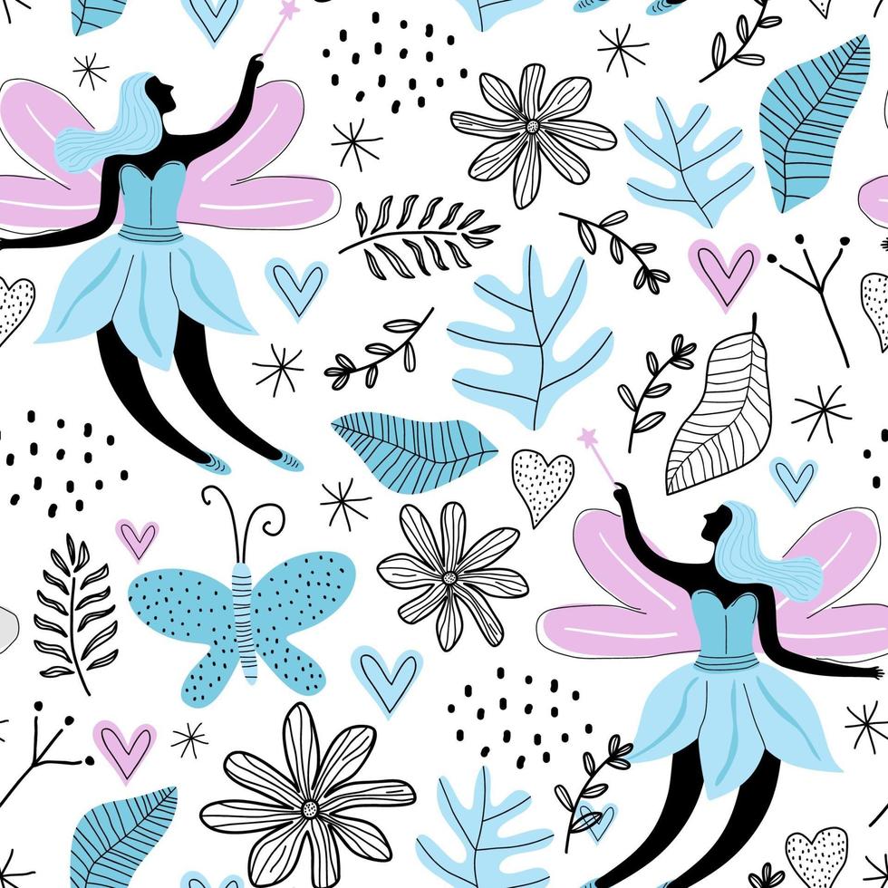 Seamless pattern with cartoon cute fairy, butterfly, flowers, leave and love isolated on white background. Fabric design for girls artworks, wallpapers, prints. Vector kids illustration