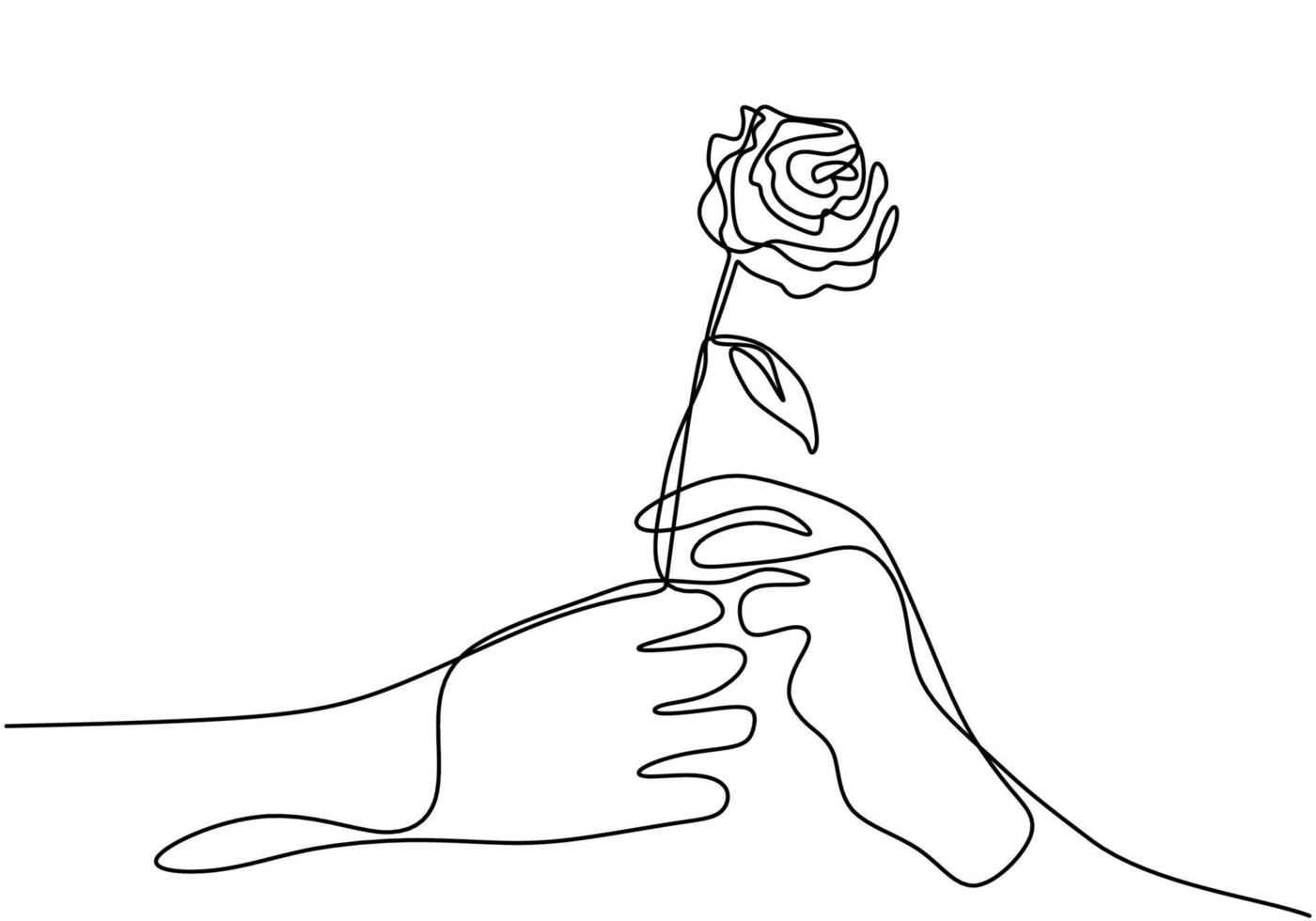 Hand giving a flower continuous one line drawing. Hand's man holds a rose and gives it to someone. Character a couple romantic minimalist design hand drawn on white background. Vector illustration