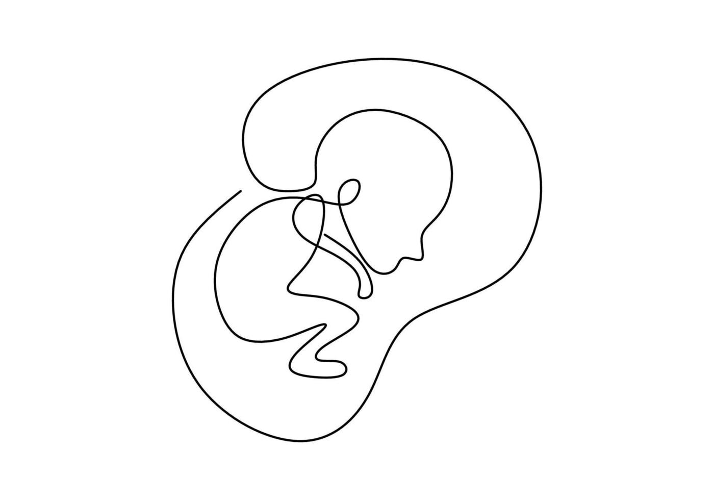 Baby in womb one single line drawing. Cute unborn fetus baby on mother womb isolated on white background. Pregnancy health care concept. Minimalism style. Vector sketch illustration