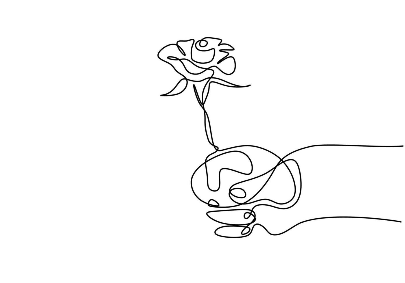 dibujo de línea continua de una mano sosteniendo una flor color de rosa. mujer de la mano con una flor aislada sobre fondo blanco. dar una señal de amor a alguien. estilo minimalista. ilustración de dibujo vectorial vector