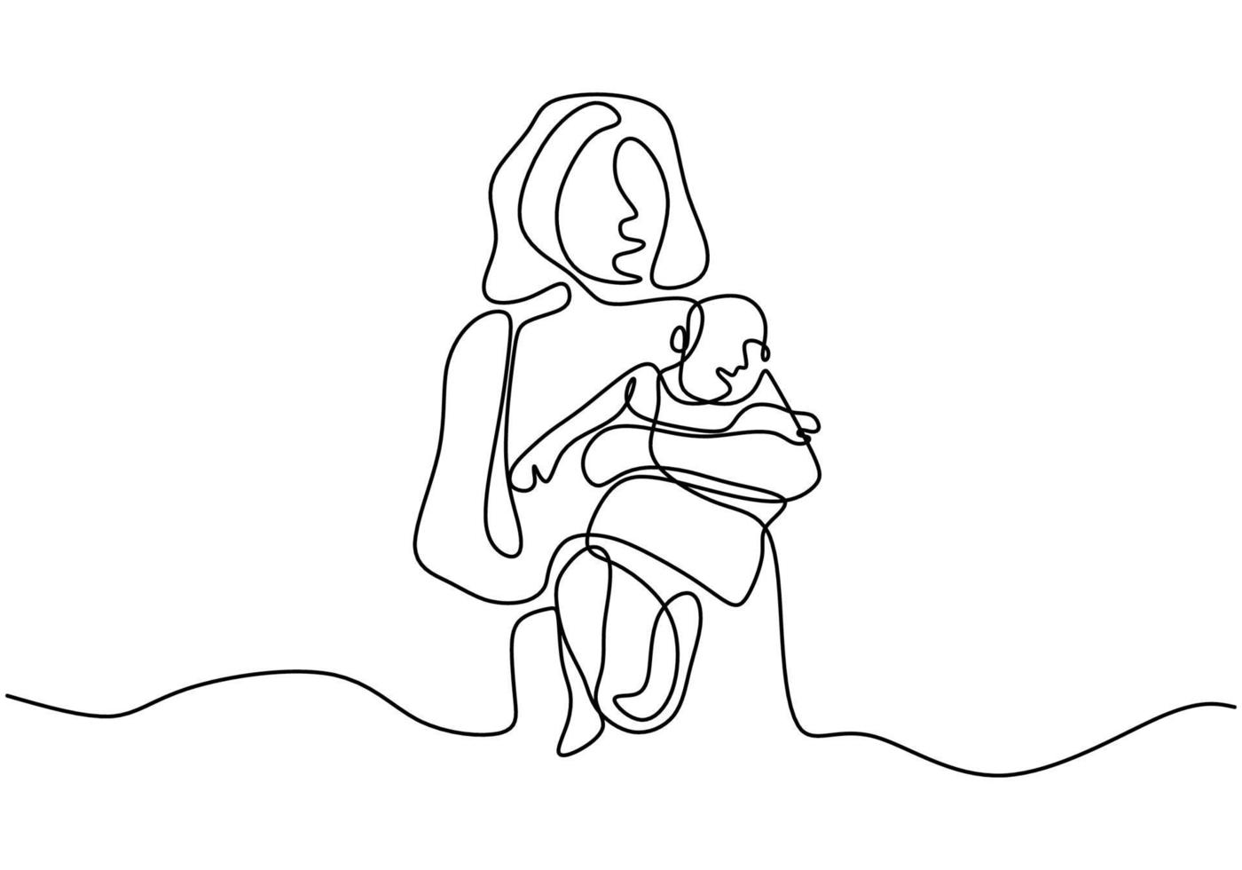 Continuous one line drawing of a woman hold her baby. Happy Mother day card. Young beautiful mother hugs her child showing her love isolated on white background. Vector illustration