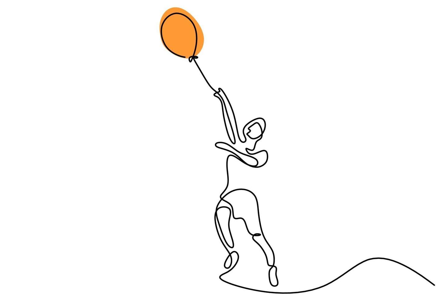 One single line drawing of a cute boy holding a balloon. Happy little child playing air balloon in the playground while jump hand drawn line art on white background. Vector illustration