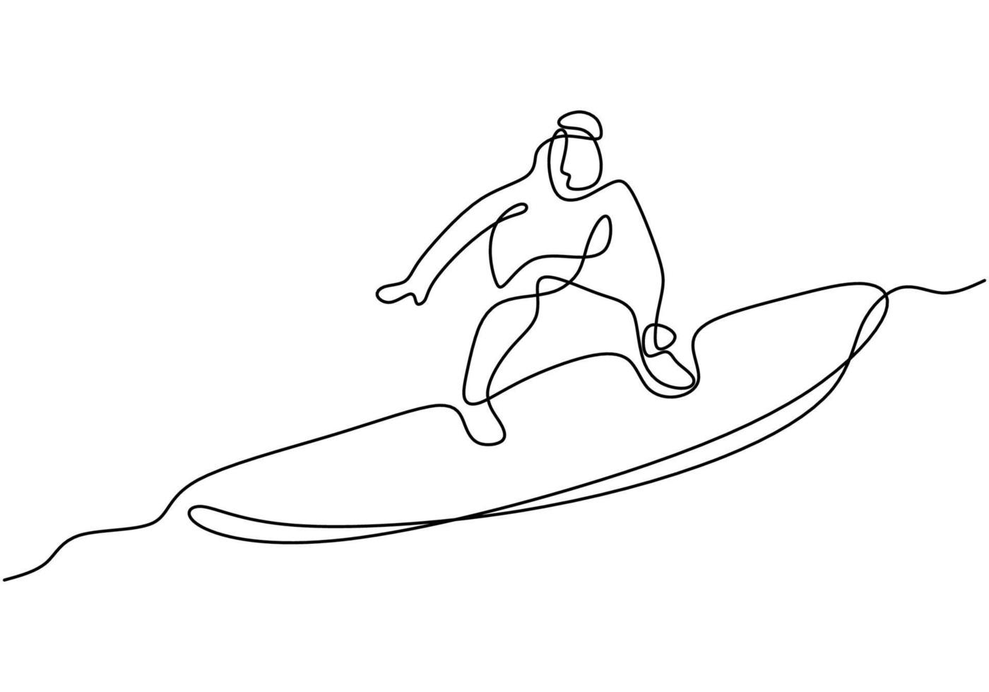 One continuous line drawing of young energetic man playing windsurfing in the sea ocean. A male trying to surf isolated on white background. Healthy lifestyle sport concept. Vector illustration