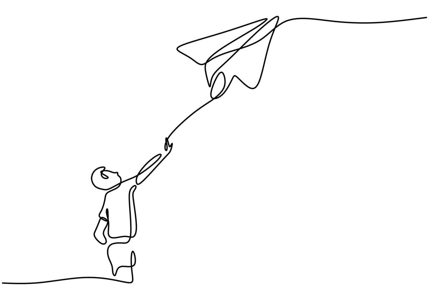un dibujo de línea continua del niño lanza un avión. niño jugando avión de  papel en