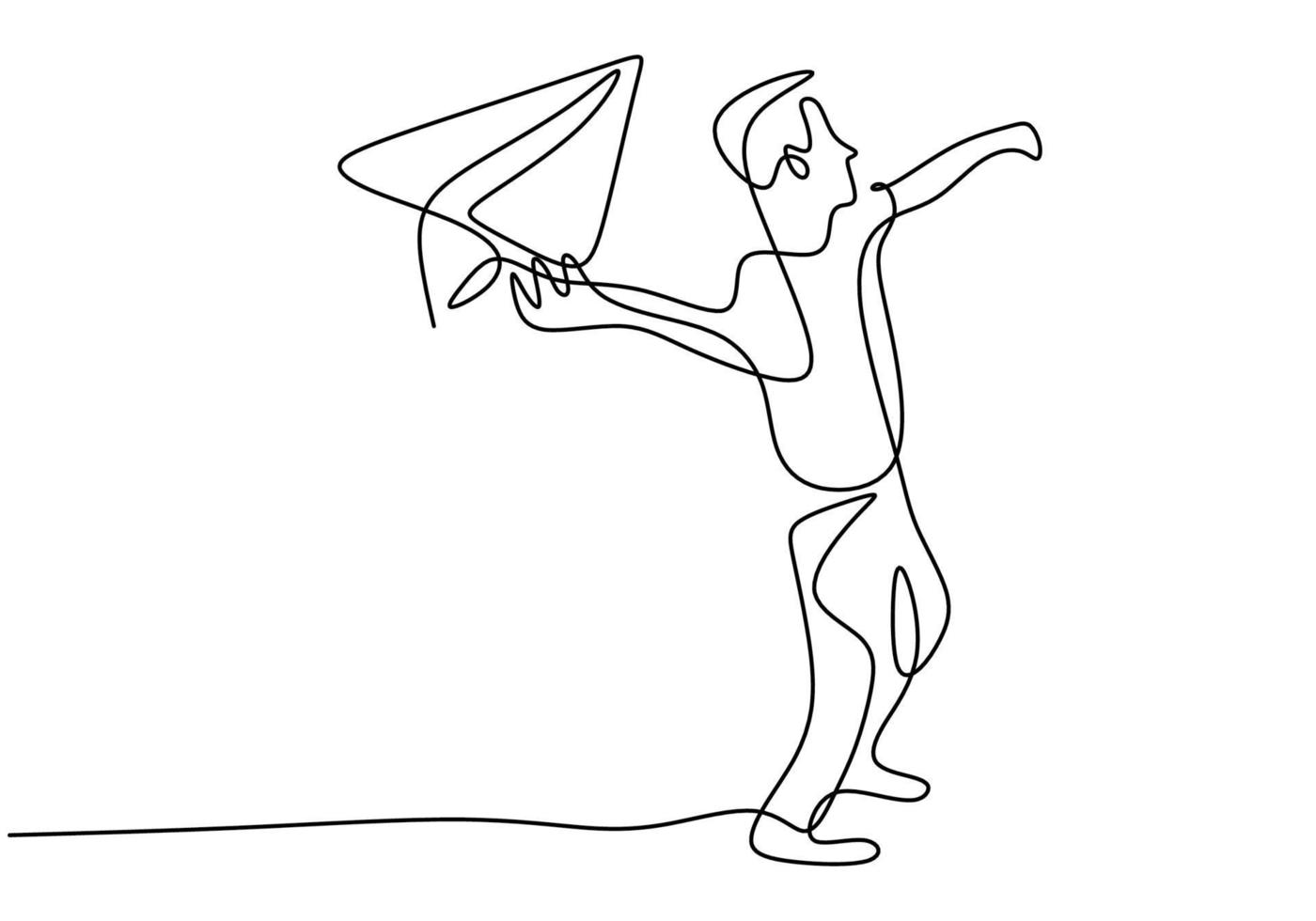 One continuous line drawing of the boy launches a plane. Little kid playing paper airplane into the sky at outdoor field isolated on white background. Freedom and passion creative minimalist concept vector