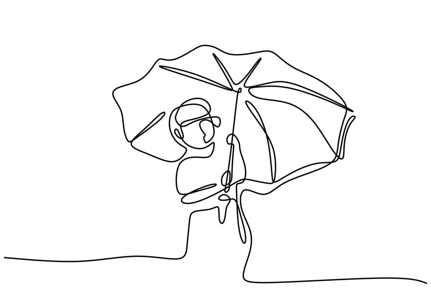 Continuous single drawn one line of little boy with umbrella. The kid walks on roadside holding umbrella in rain isolated on white background. Rainy season theme hand drawn minimalist concept vector