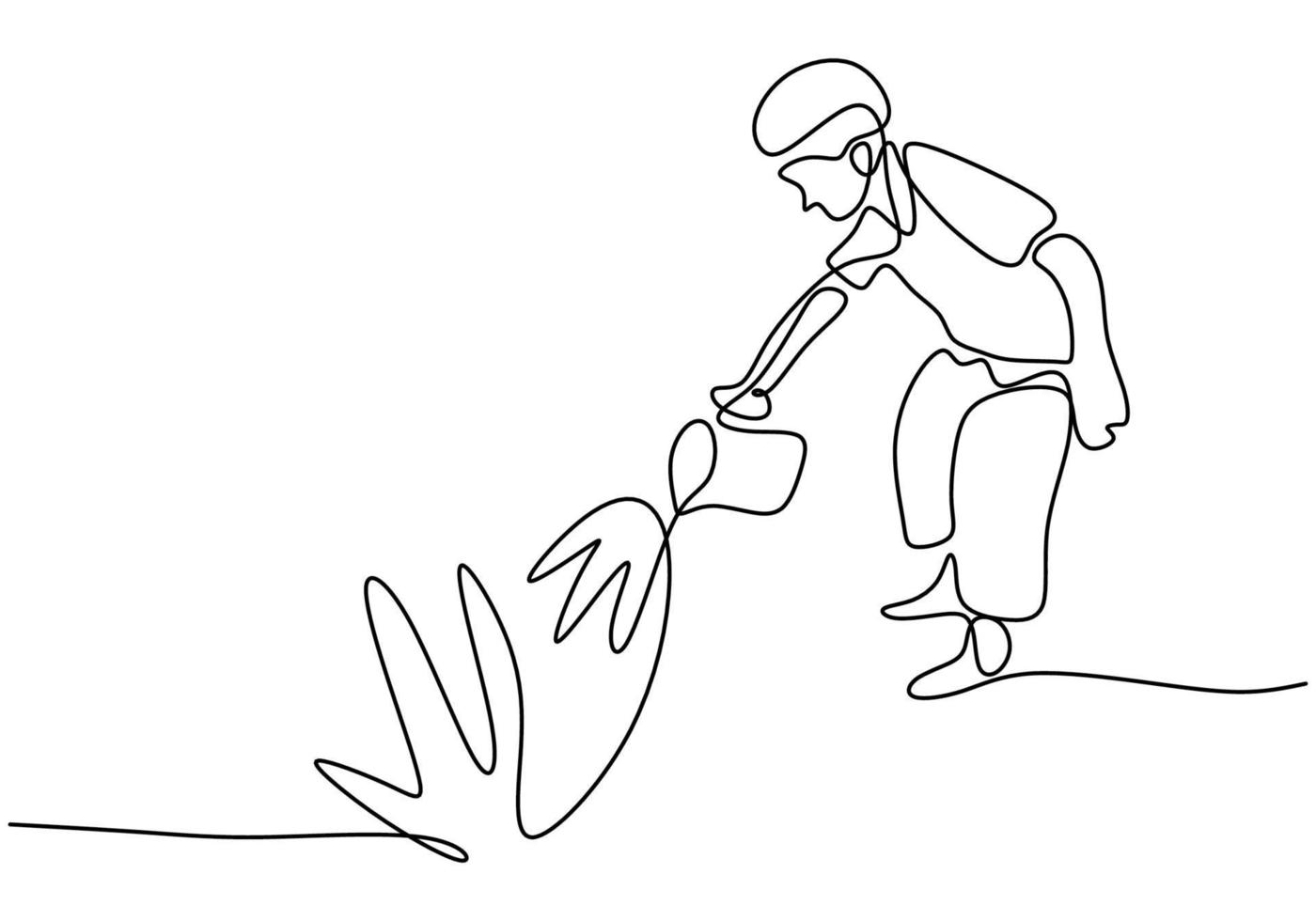 Single continuous line drawing of a son watering a plant at home garden. Happy little boy learning to care for plants and watering to make it growing isolated on white background. Vector illustration