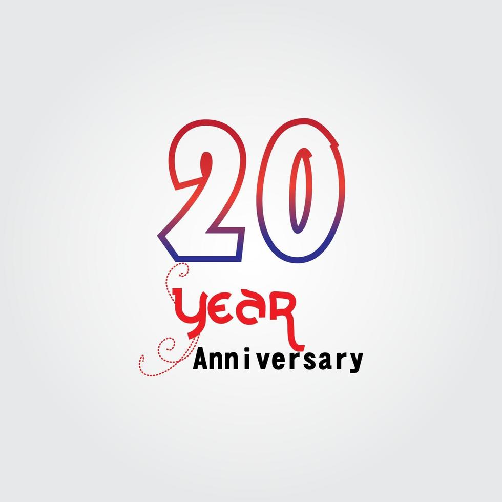 Logotipo de celebración de aniversario de 20 años. Logotipo de aniversario con color rojo y azul aislado sobre fondo gris, diseño vectorial para celebración, tarjeta de invitación y tarjeta de felicitación. vector
