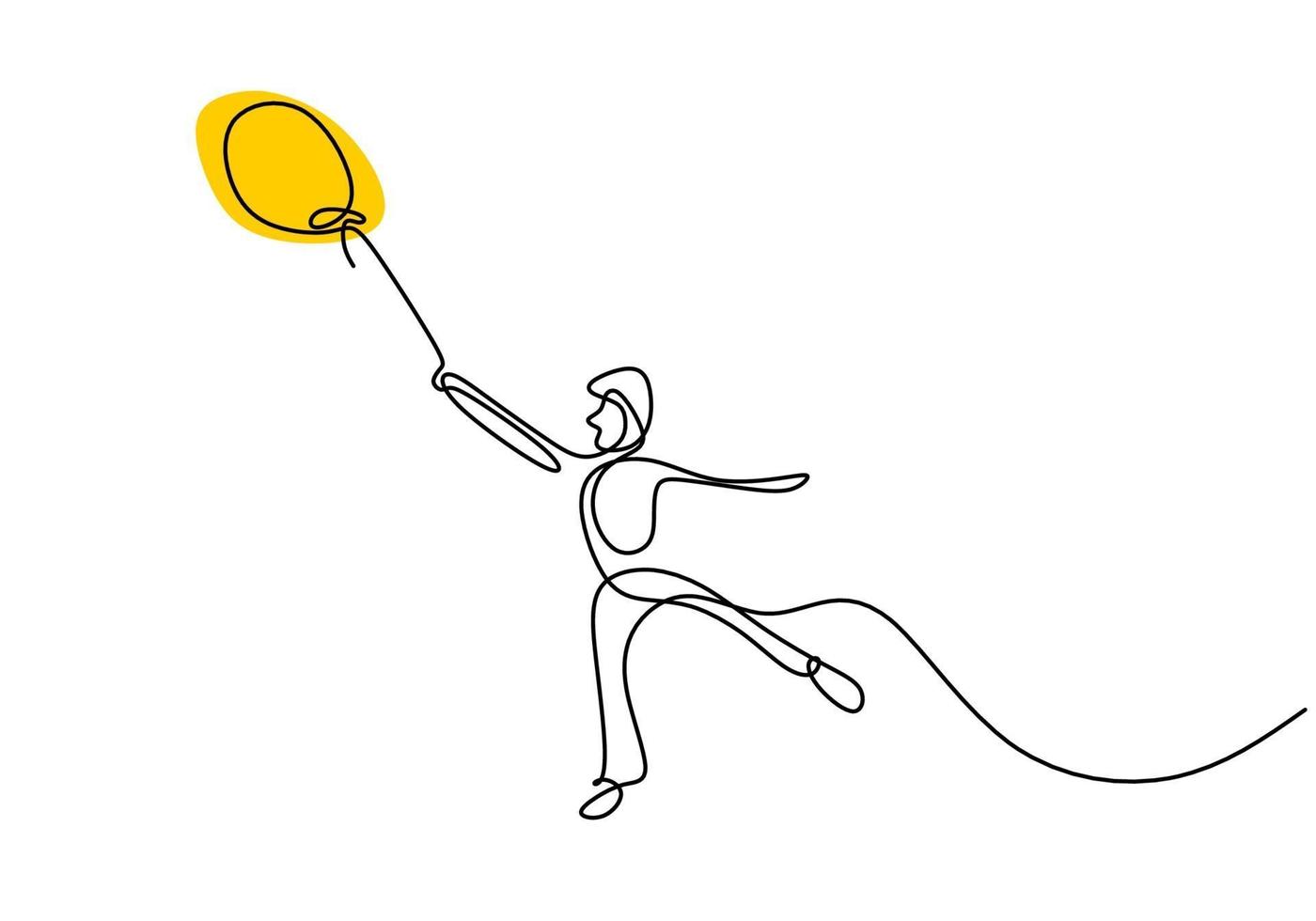 una línea continua dibujando un hombre adolescente sosteniendo un globo. niño feliz jugando globo de aire al aire libre mientras baila y corre contorno de dibujo de mano sobre un fondo blanco. expresión de felicidad. vector