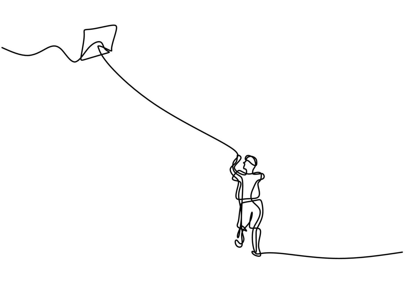 un dibujo de una sola línea de un joven jugando una cometa. hombre enérgico joven feliz jugando para volar cometas hacia el cielo en el campo al aire libre. tema creativo libertad y pasión. diseño minimalista vector