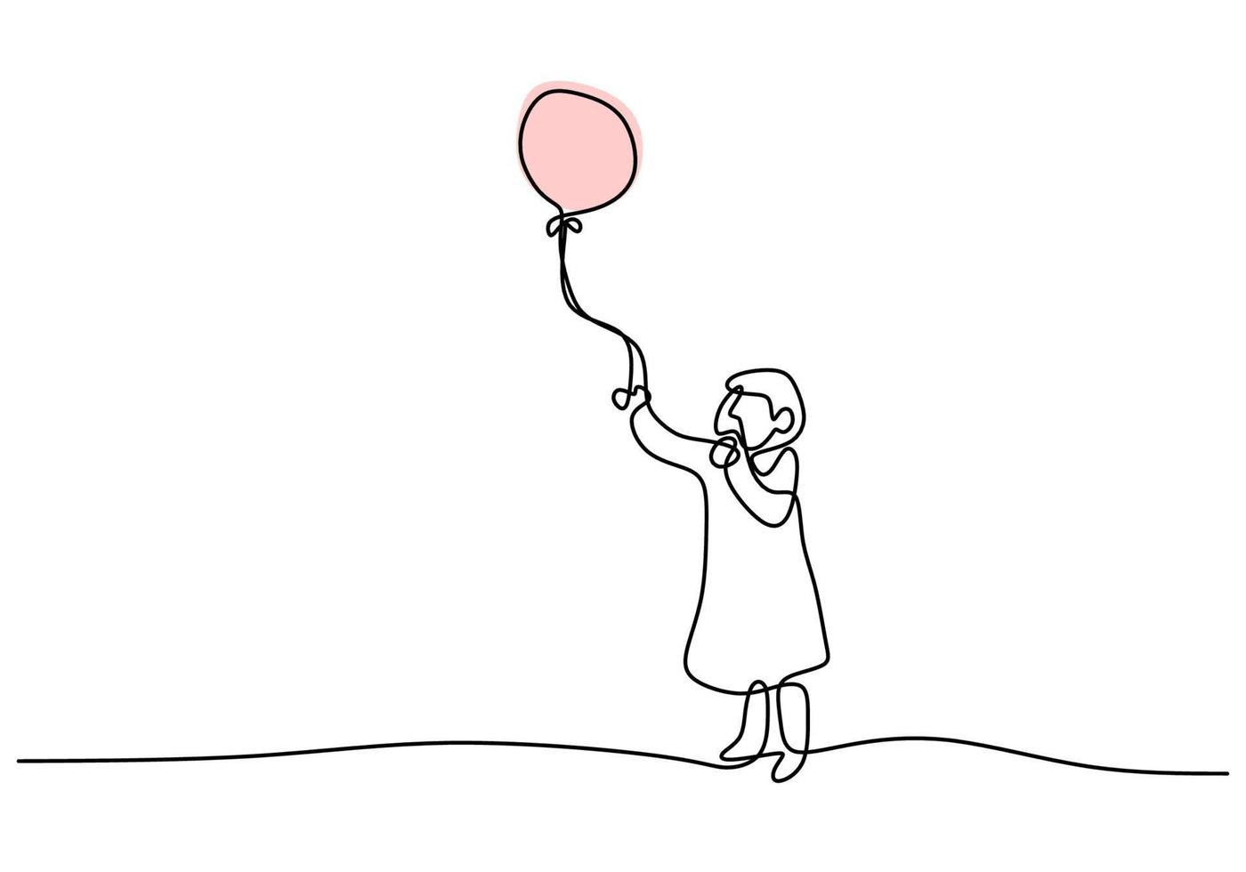 un dibujo de línea continua de niñas jugando globos. La muchacha linda del niño sostiene un globo que agita en el viento aislado en el fondo blanco. concepto de infancia. ilustración vectorial vector