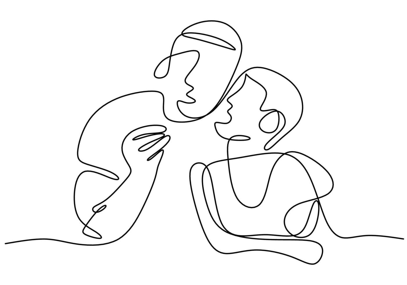 Young man holds in his arms a child continuous one line drawing. A little kid kisses him in response. Character a child boy kisses a dad. Happy Father's Day. Vector illustration. Minimalism design