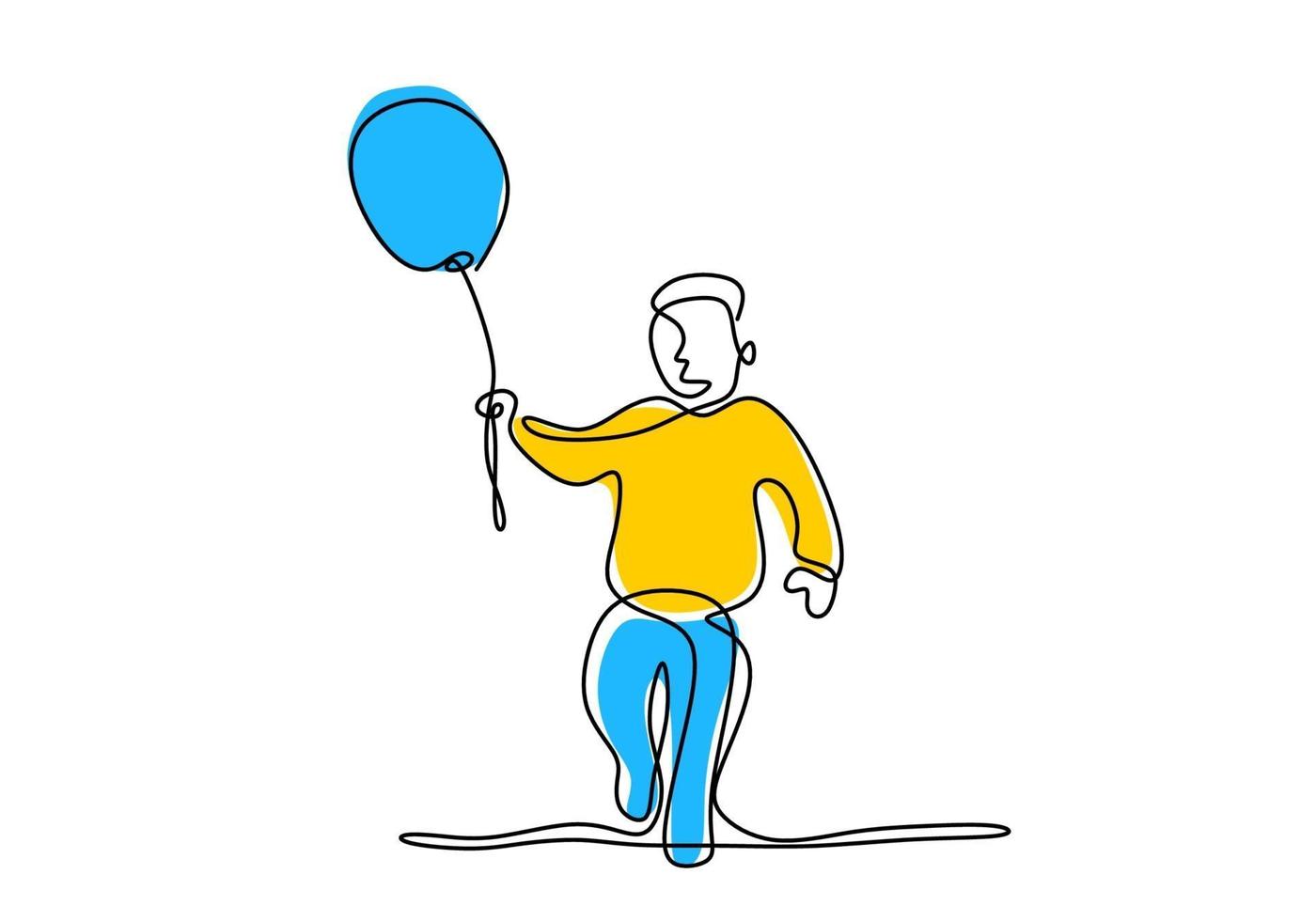 One single line drawing of a cute boy holding a balloon. Happy little child playing air balloon in the playground while jump hand drawn line art on white background. Vector illustration