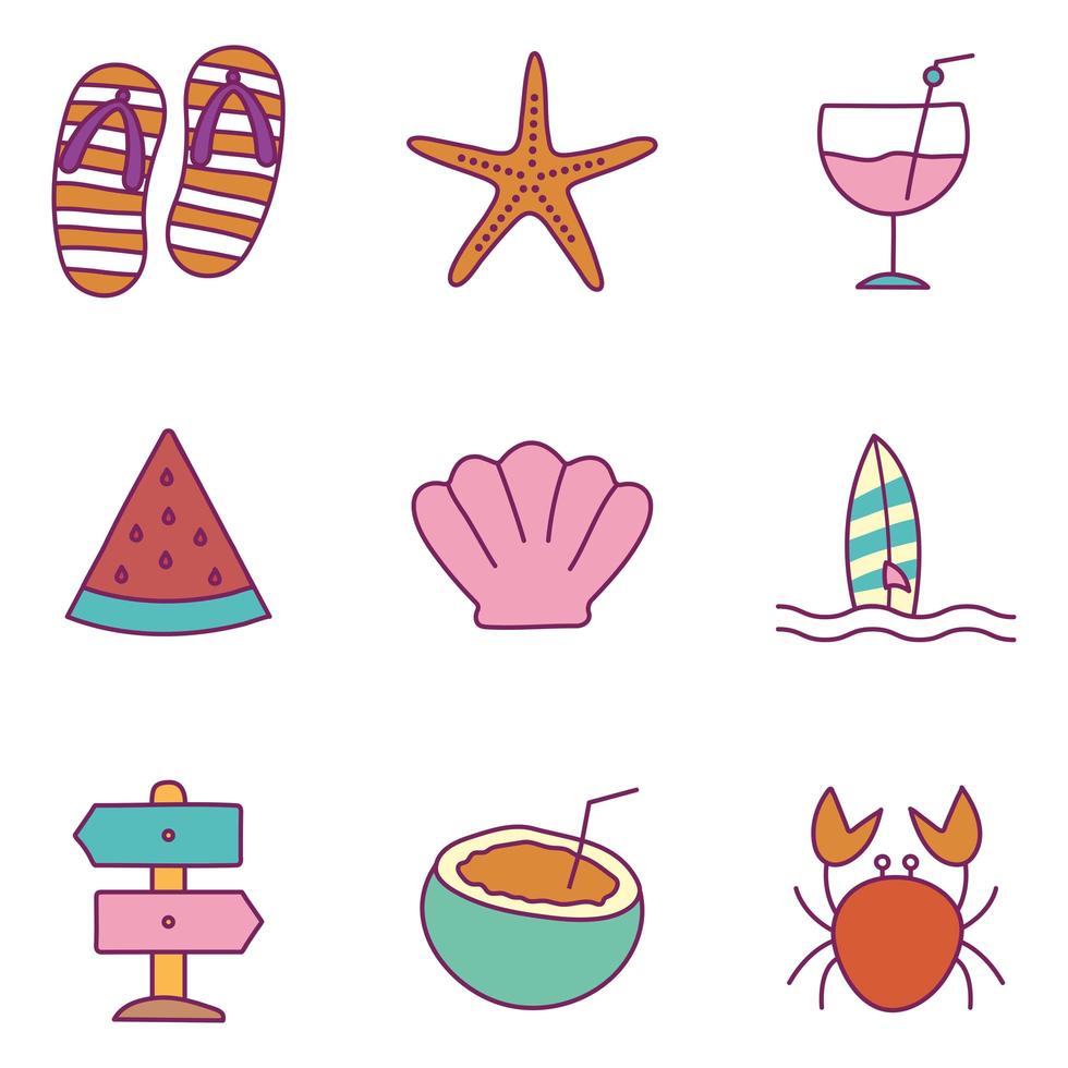 Summer line and fill style icon set vector