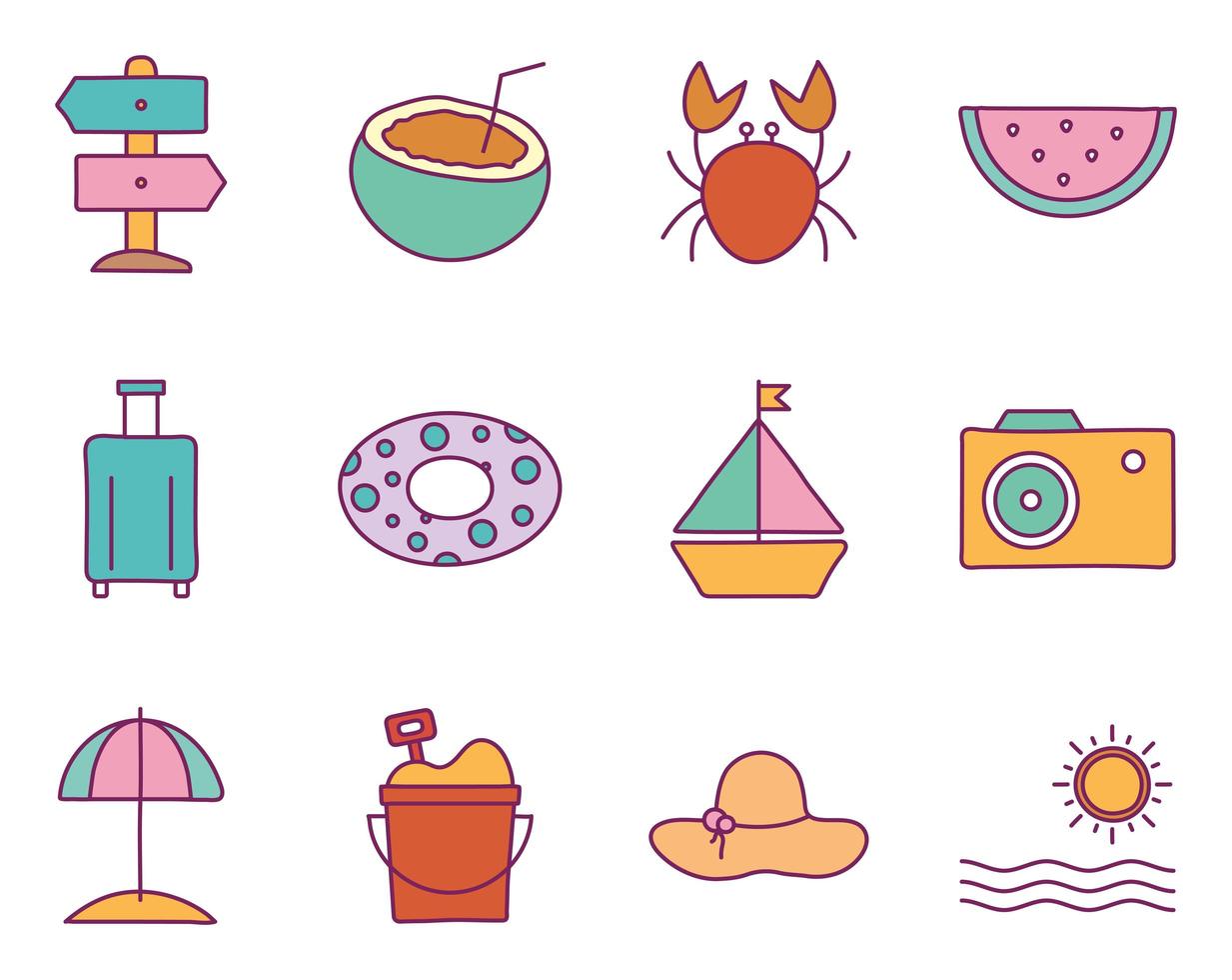 Summer line and fill style icon set vector