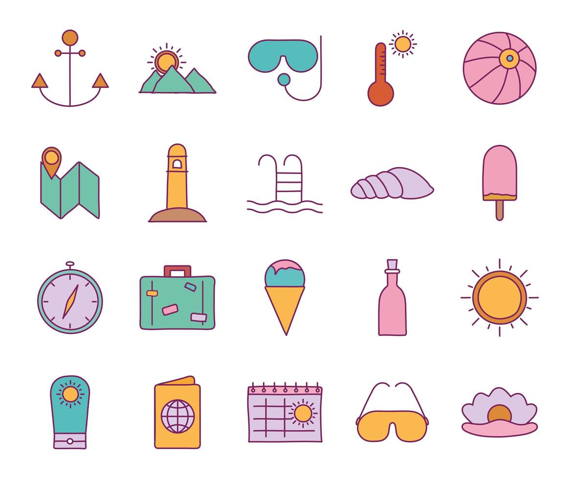 Summer line and fill style icon set vector