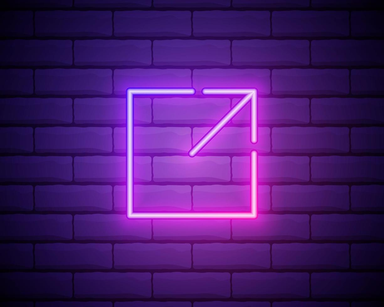 Glowing neon Open in new window icon isolated on brick wall background. Open another tab button sign. Browser frame symbol. External link sign. Vector Illustration