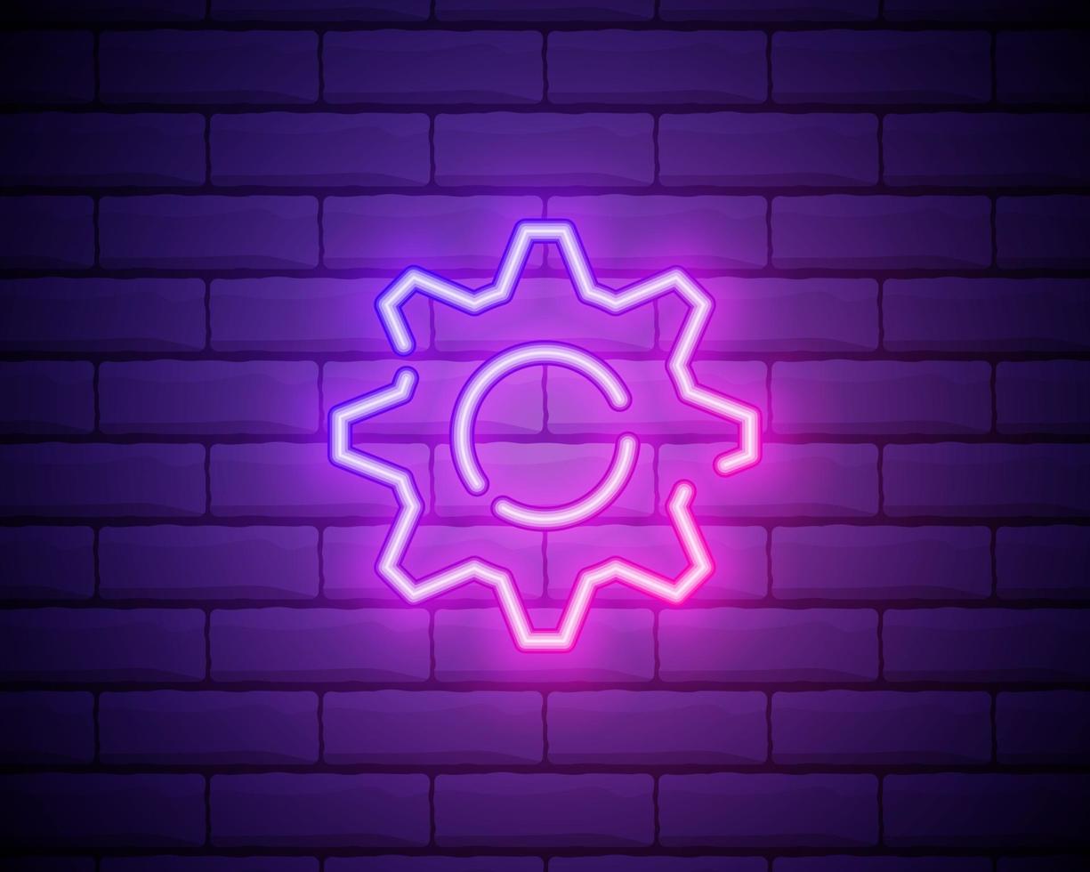 Gear, maintenance. Pink neon vector icon. Glowing gear symbol isolated on brick wall background.