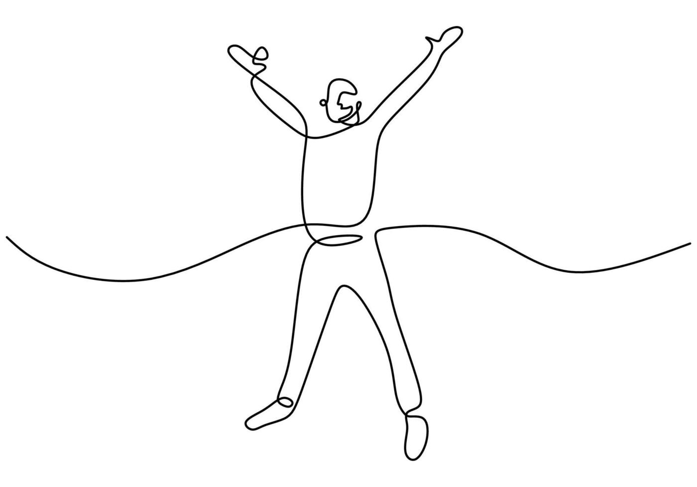 Continuous line drawing of jumping happy man. Young attractive male jump looks happy and freedom isolated on white background. Achievement, and dream of success concept. Vector sketch illustration