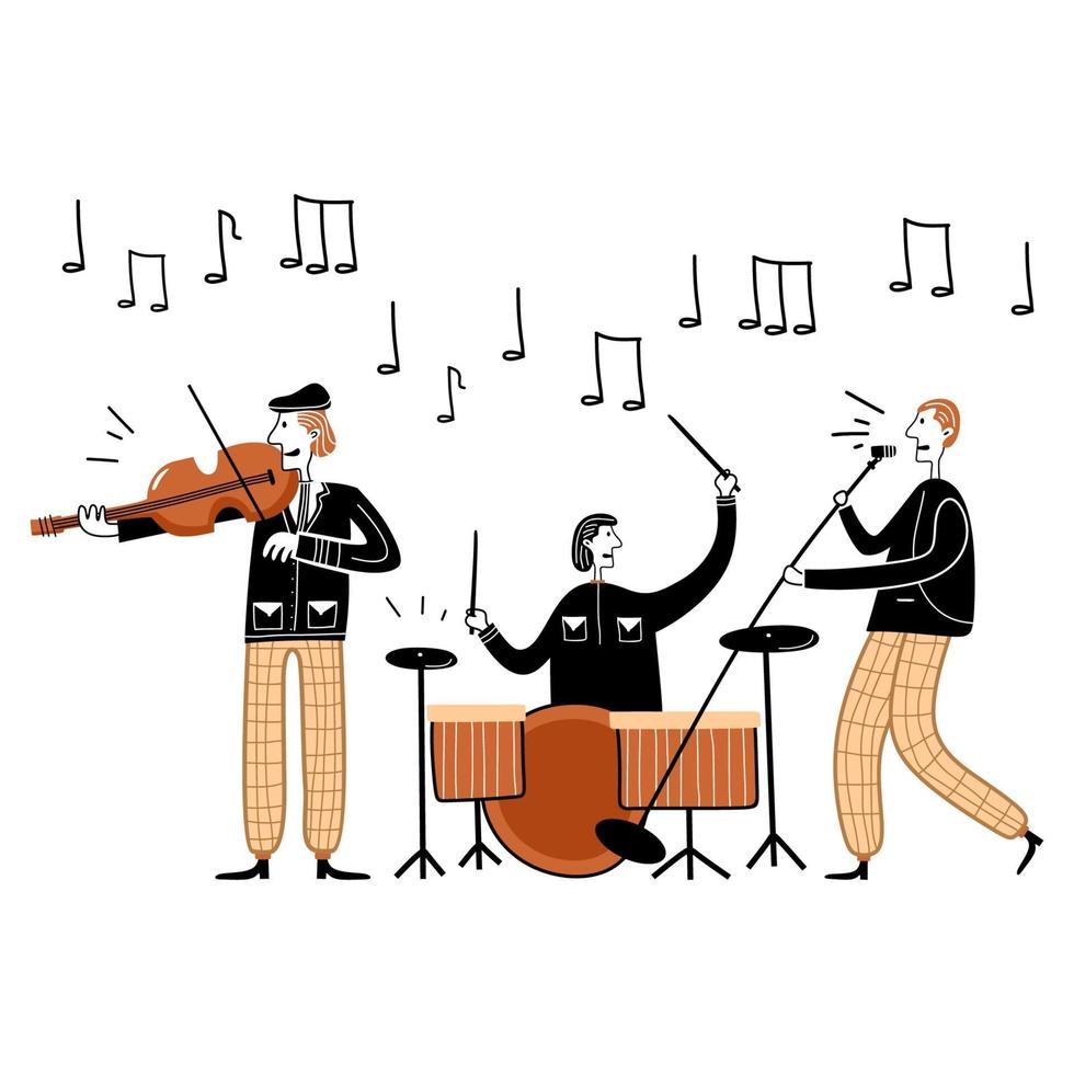 Jazz festival concert vector illustration. Cartoon flat musician characters band playing jazz music at live concert. Musician playing drum, violin. Having fun with music. Hobbies and profession