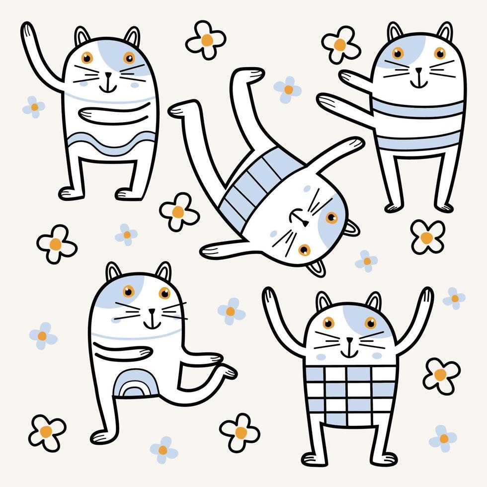 Stretching funny cats childish. Color kitties with flowers on white background. Sportish animal character. Vector set elements. Good for design, postcards, prints, clothing, textiles, wallpaper