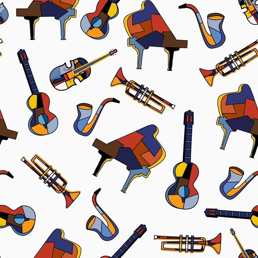 instrumentos musicales transparentes sobre fondo blanco. patrón de música de piano, guitarra, violonchelo, trompeta, saxofón. diseño vectorial plano para festival de música. el concepto establecido con equipo de música. vector