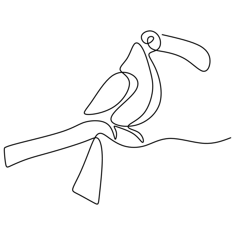 One continuous line drawing of cute toucan bird. A beautiful exotic bird with a peak isolated on white background. Endangered animal mascot concept for national conservation park icon. vector