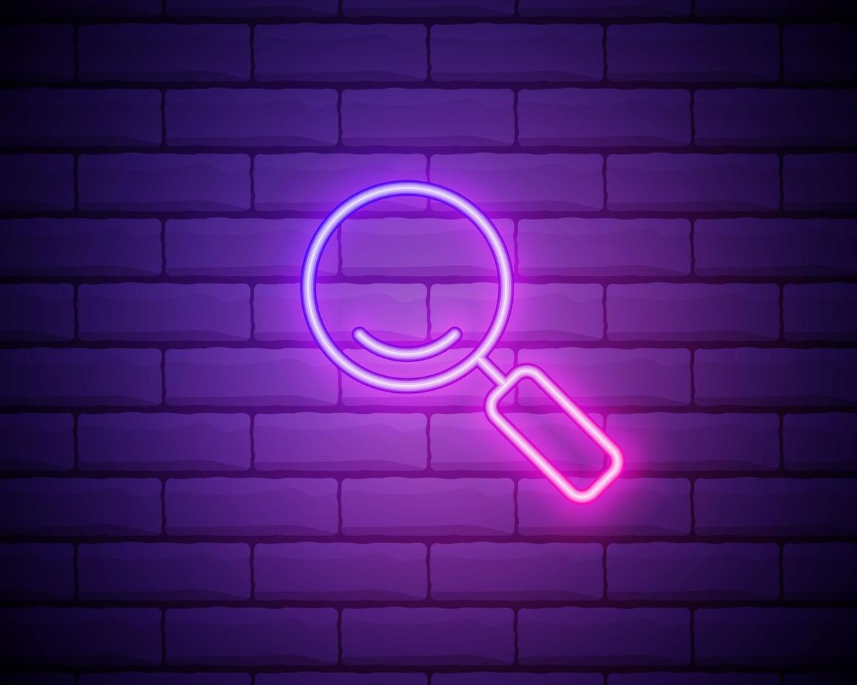 magnifying glass icon in neon style. Simple thin line, outline vector of education icons for UI and UX, website or mobile application isolated on brick wall