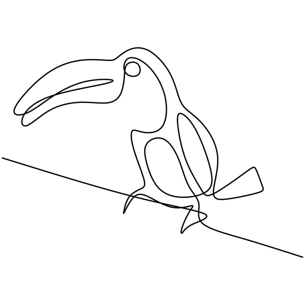 Single continuous line drawing of adorable toucan bird with big beak. Exotic animal mascot concept for national conservation park icon. Logo identity. Endangered animal. Vector design illustration