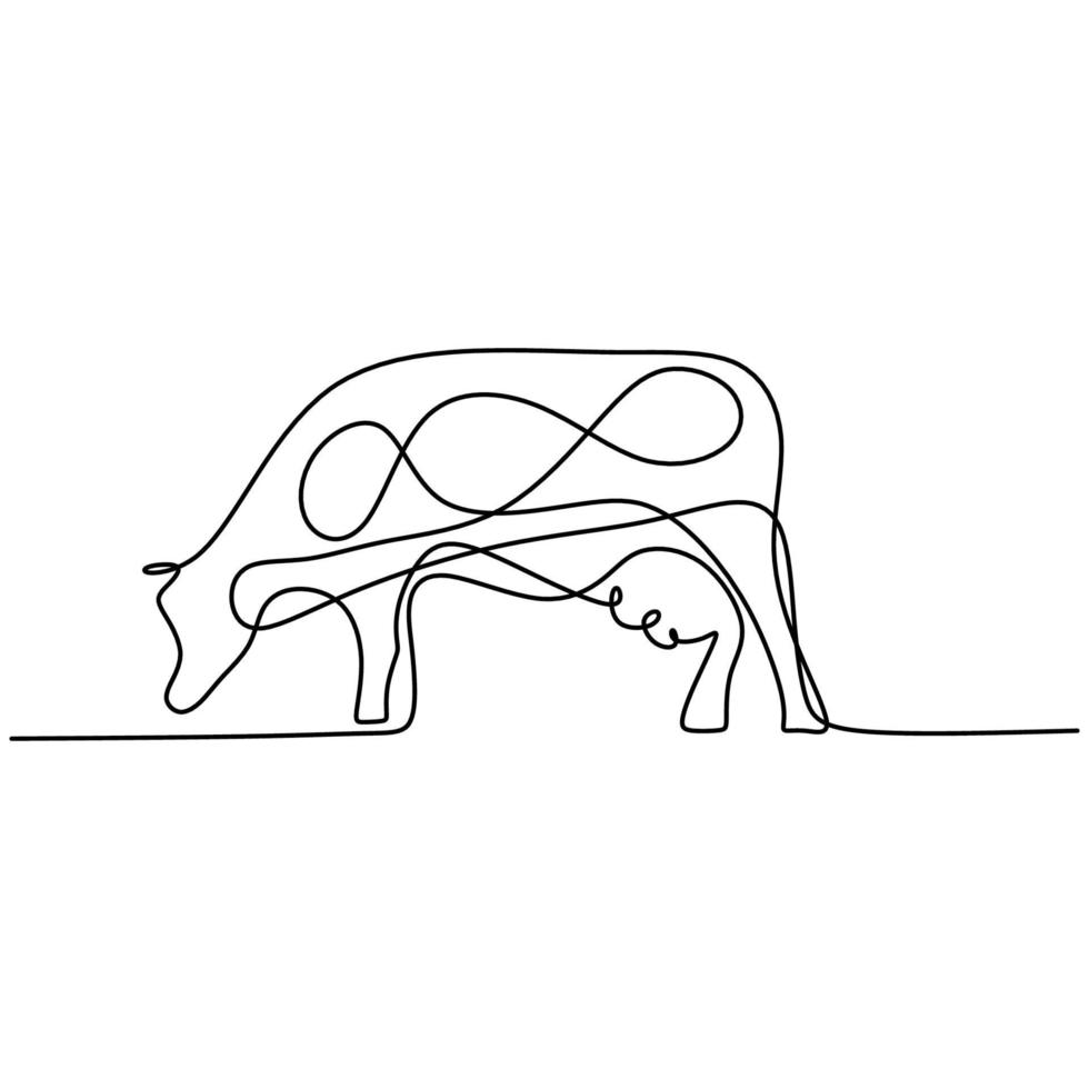 Cow continuous one line drawing. Sturdy standing cow for agriculture logo identity isolated on white background. Mammal animal mascot concept for farming icon. Minimalism design. Vector illustration