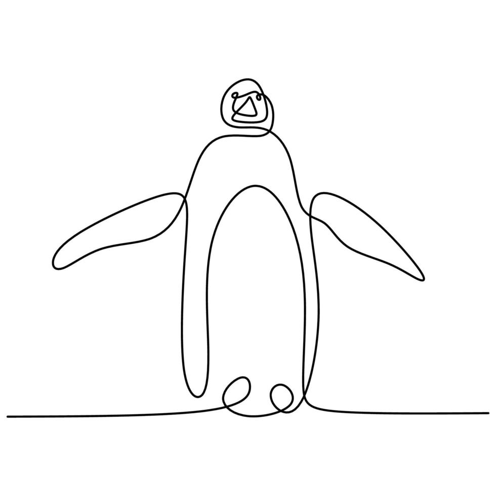 Continuous one line drawing of standing penguin isolated on white background. Cute animal pose in ice. Hand drawn minimalism style. Penguins family. Wildlife animal concept. Vector illustration