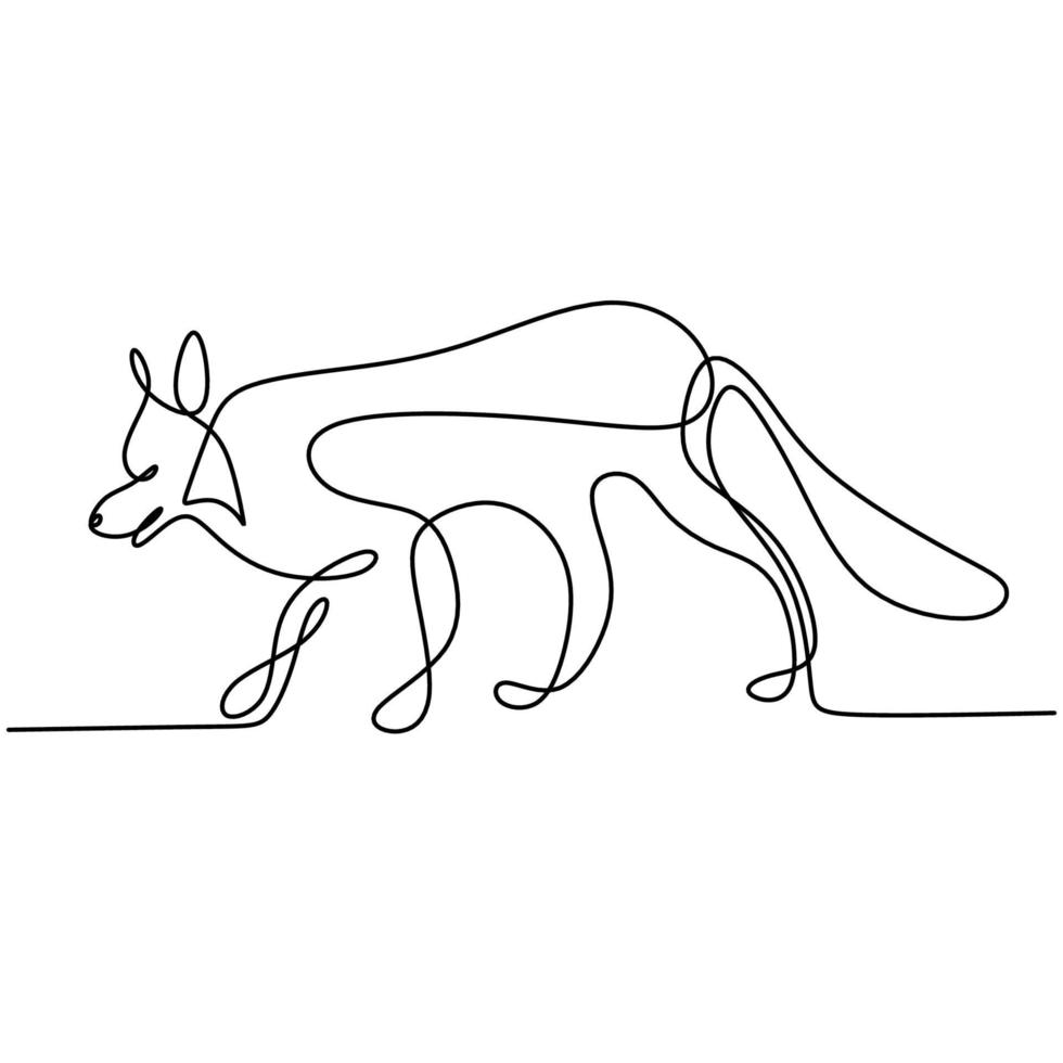 Continuous line drawing of mysterious wolf. Strong fox dog is standing with fury expression. Danger animal hand drawn line art on white background minimalism design. Vector illustration