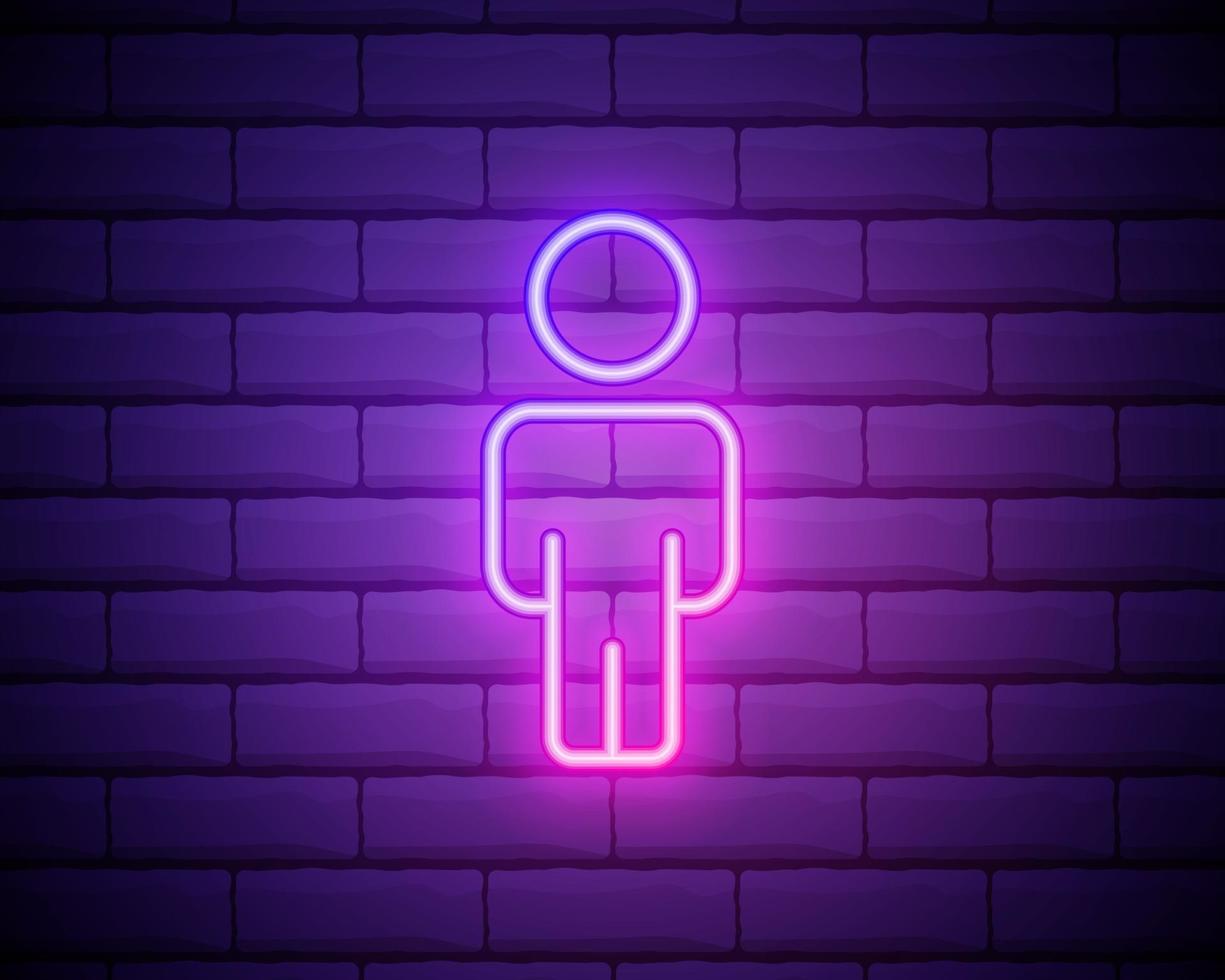 Male silhouette neon light icon. Gentlemen WC door glowing sign. Men's clothes department store. Vector isolated illustration isolated on brick wall