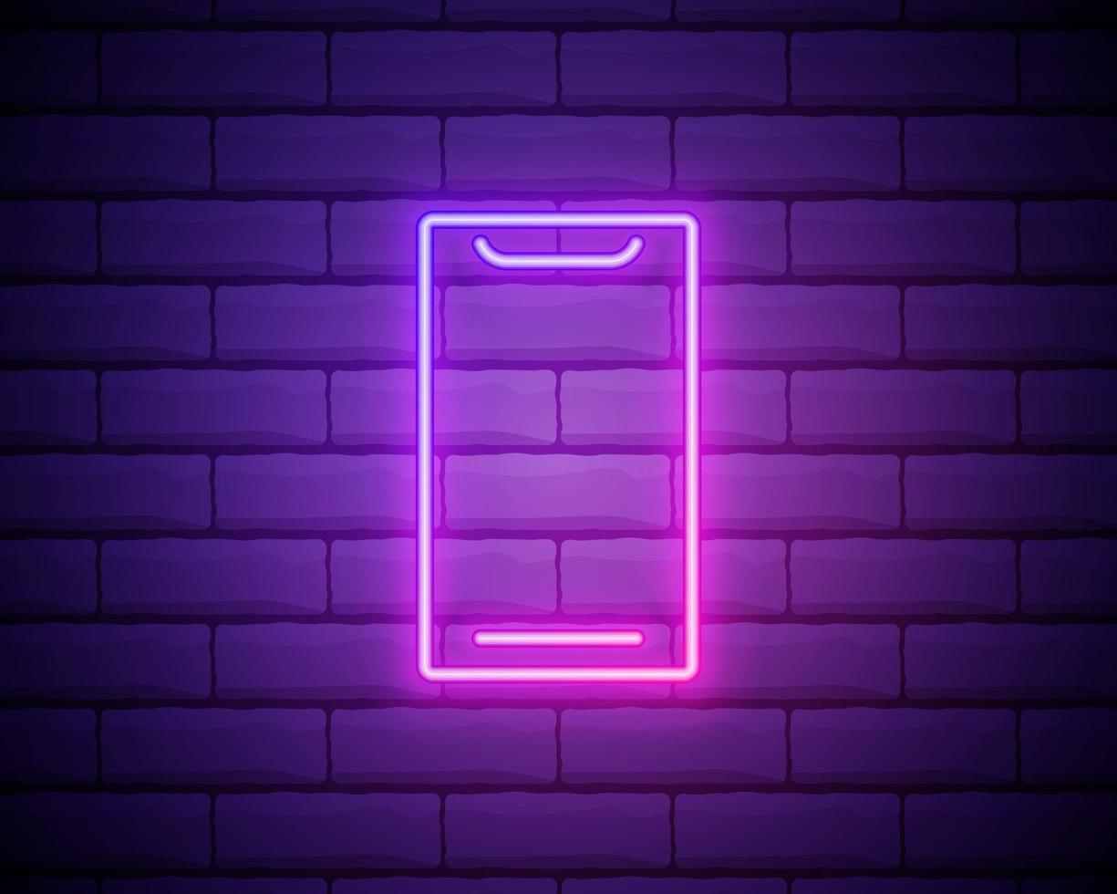 Mobile phone, smartphone neon sign. Bright glowing symbol on brick wall background. Neon style icon. vector