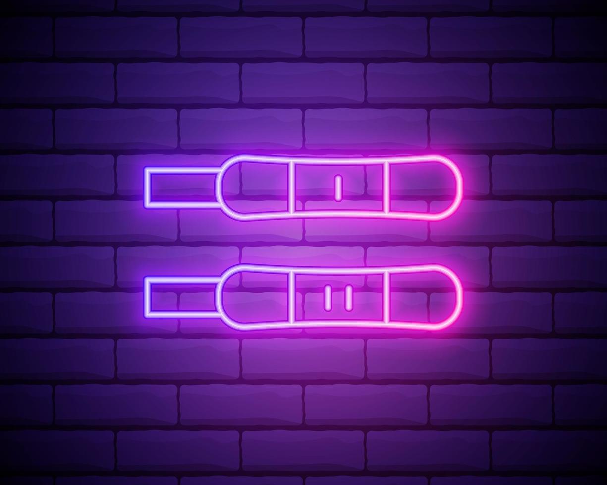 Positive and negative test neon light icon. Early sign of pregnancy. Gynecology checkup. Family planning. Outer glowing effect. Vector isolated RGB color illustration isolated on brick wall